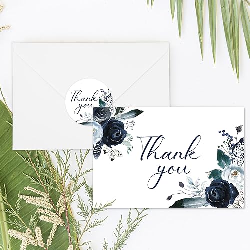 Miniatura 4 de AnyDesign Tarjetas de agradecimiento florales a granel, paquete de 24 tarjetas de felicitación de flores azules con calcomanías, sobres, tarjetas de