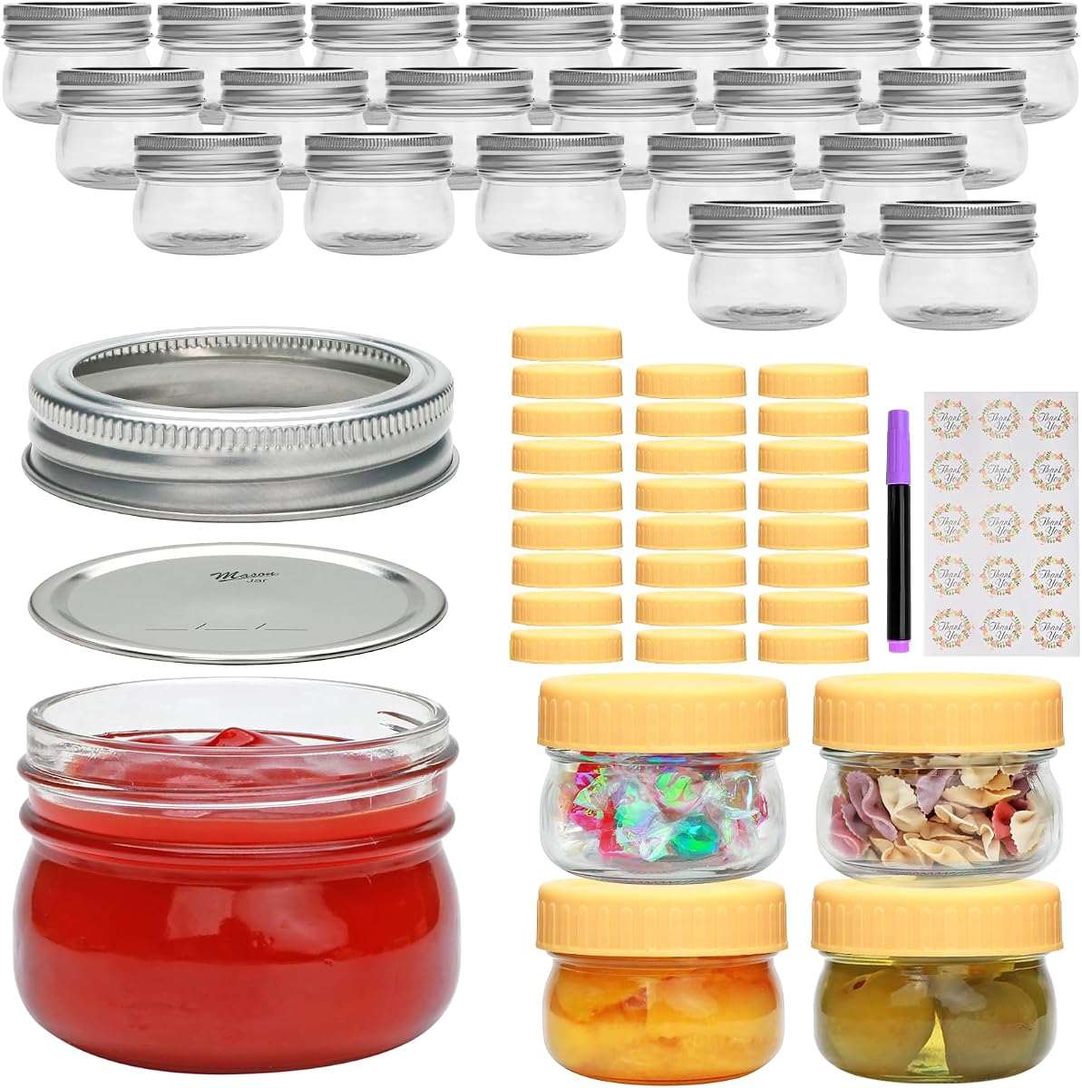 Small Mason Jars 4oz 25 Pack, Mini Canning Jars with Regular Lids for Spice, Jam, Honey, Jelly, Dessert, Shower Wedding Favors, DIY Candles | Small Glass Clear Jar with Airtight Lid for Spice, Jam, Honey, Jelly, Dessert, Wedding Favors, Food Storage & DIY Gift