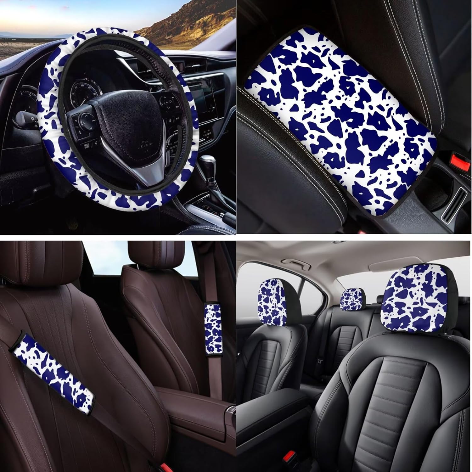 14 Pcs Blue Cow Print Car Seat Covers Full Set, Auto Steering Wheel Cover Armrest Cushion Head Rest Protector Seat Belt Covers,Car Interior Accessories Sets Unverisal Fit Cars SUV Turcks