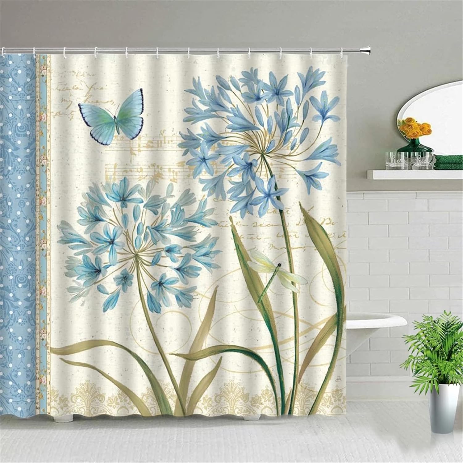 Amazon｜ブルーフラワーバタフライ シャワーカーテン 120x150cm,シャワー カーテン 防カビ 防水 速乾ング付き 風呂 厚くする