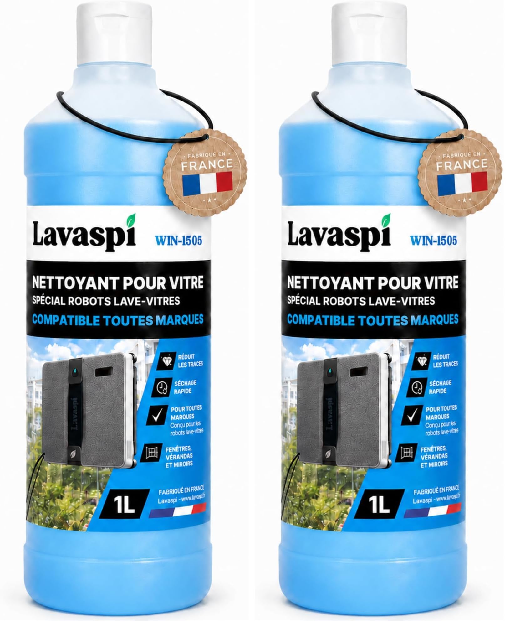 Lavaspi Produit Nettoyant Pour Robot Lave-Vitres, Compatible Toutes Marques - Anti Traces - WIN 1505 (Lot de 2)