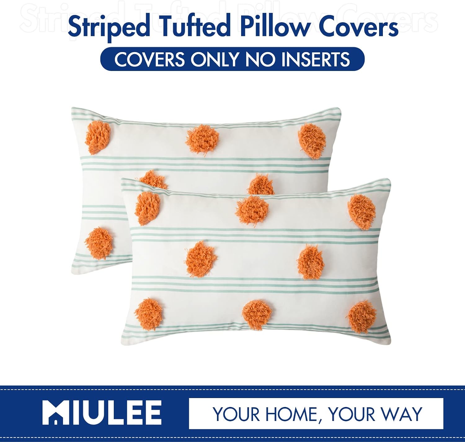 MIULEE Pack of 2 Boho Decorative Lumbar Throw Pillow Cover Striped Tufted Cushion Cases Pillowcase for Couch Sofa Bedroom 12x20 Inch Orange Blue
