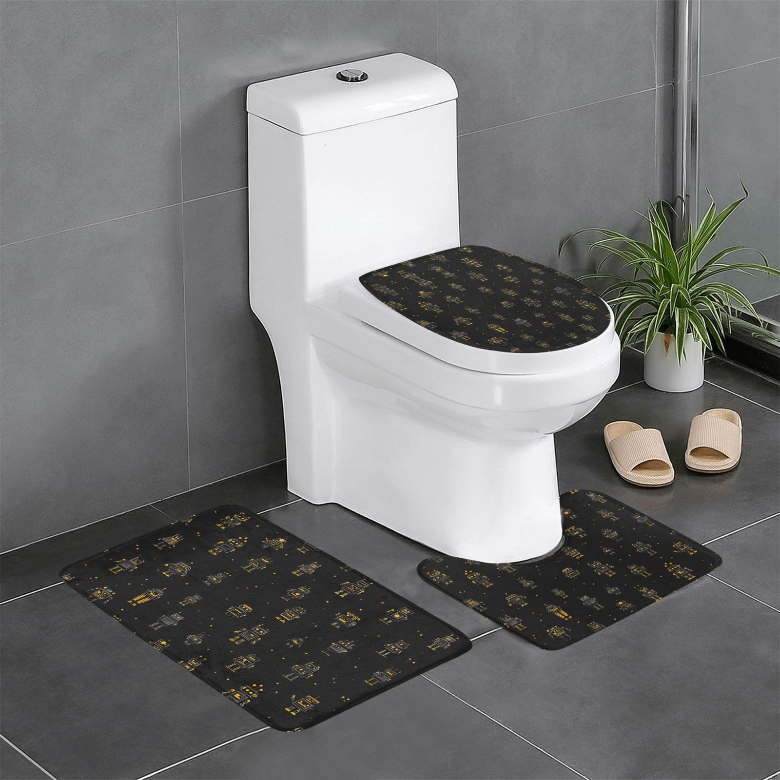 Tapis de salle de bain 3 pièces noir et couvercle WC à motif robot HJFCZH 61 cm