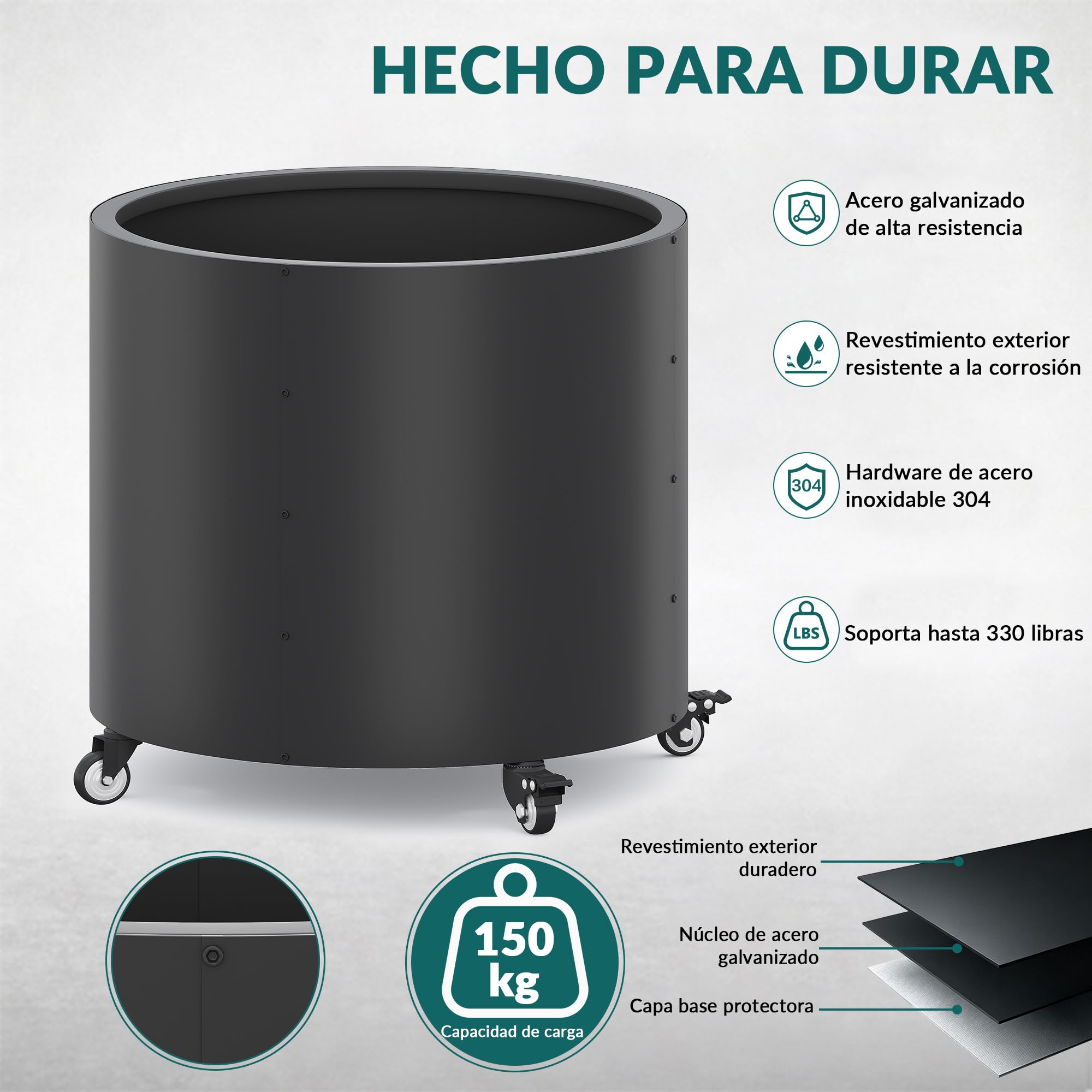 Macetas grandes para exteriores, Ø 61 * 56 cm de alto, de metal con ruedas, 150L para árboles de limón y verduras, 4 agujeros de drenaje para el balcón, jardín (2 piezas)