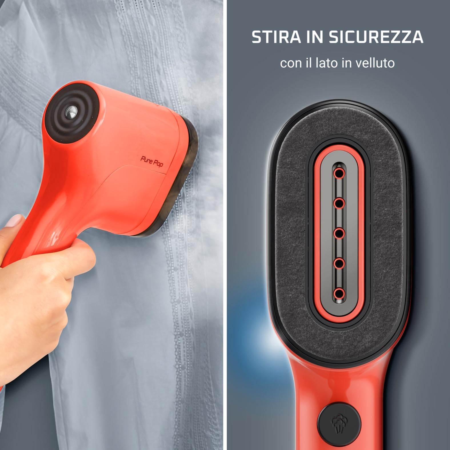 Rowenta Pure Pop, Ferro da Stiro Verticale Portatile a Vapore, Utile per Stirare e Igienizzare i Tuoi Capi, con Sistema Reversibile, Riscaldamento Rapido, Potenza 1300W, Colore Rosso Corallo, DR2022