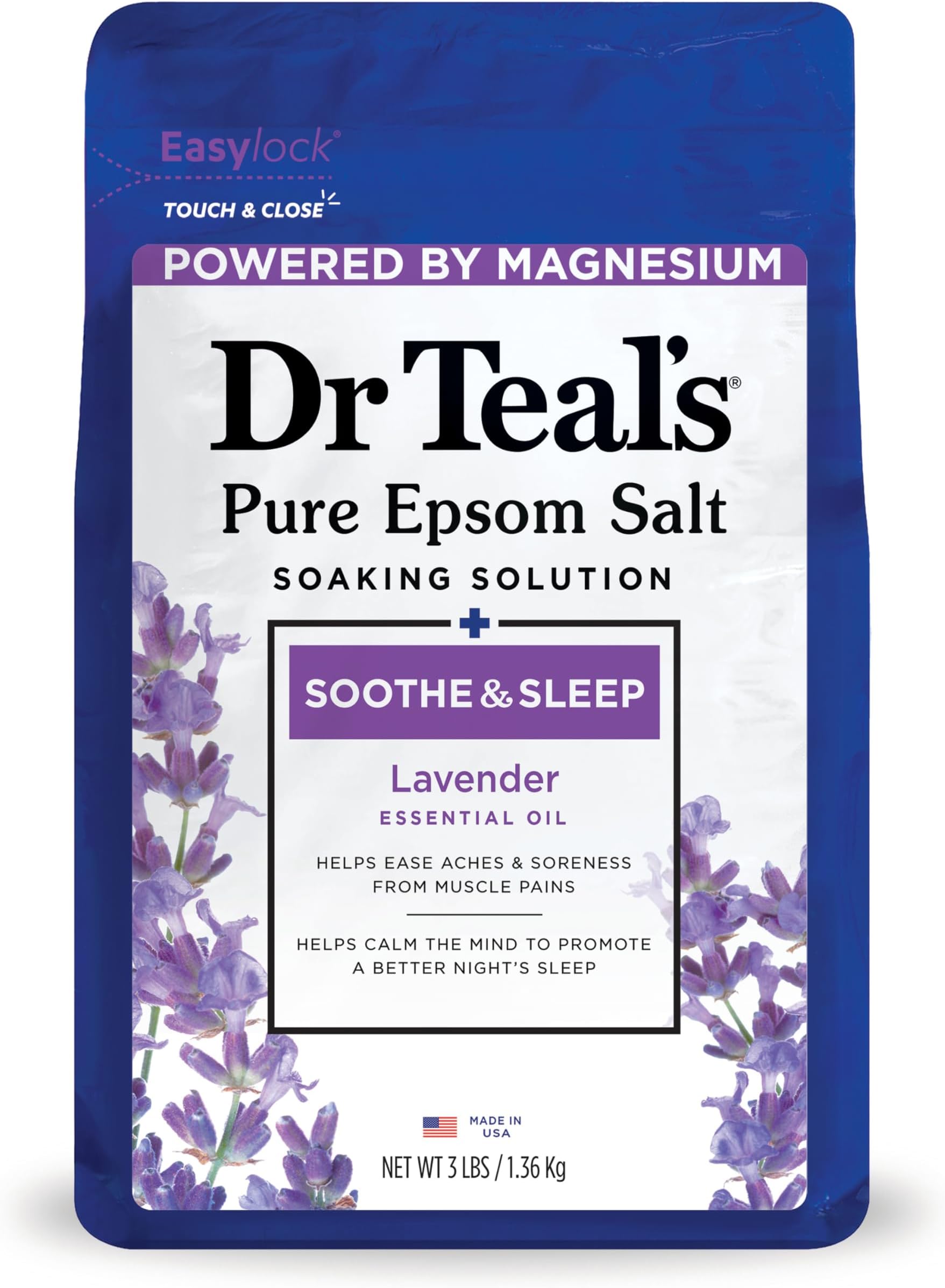 Dr Teal's Pure Epsom Salt Soaking Solution, Soothe & Sleep With Lavender, 3 Pound Bag