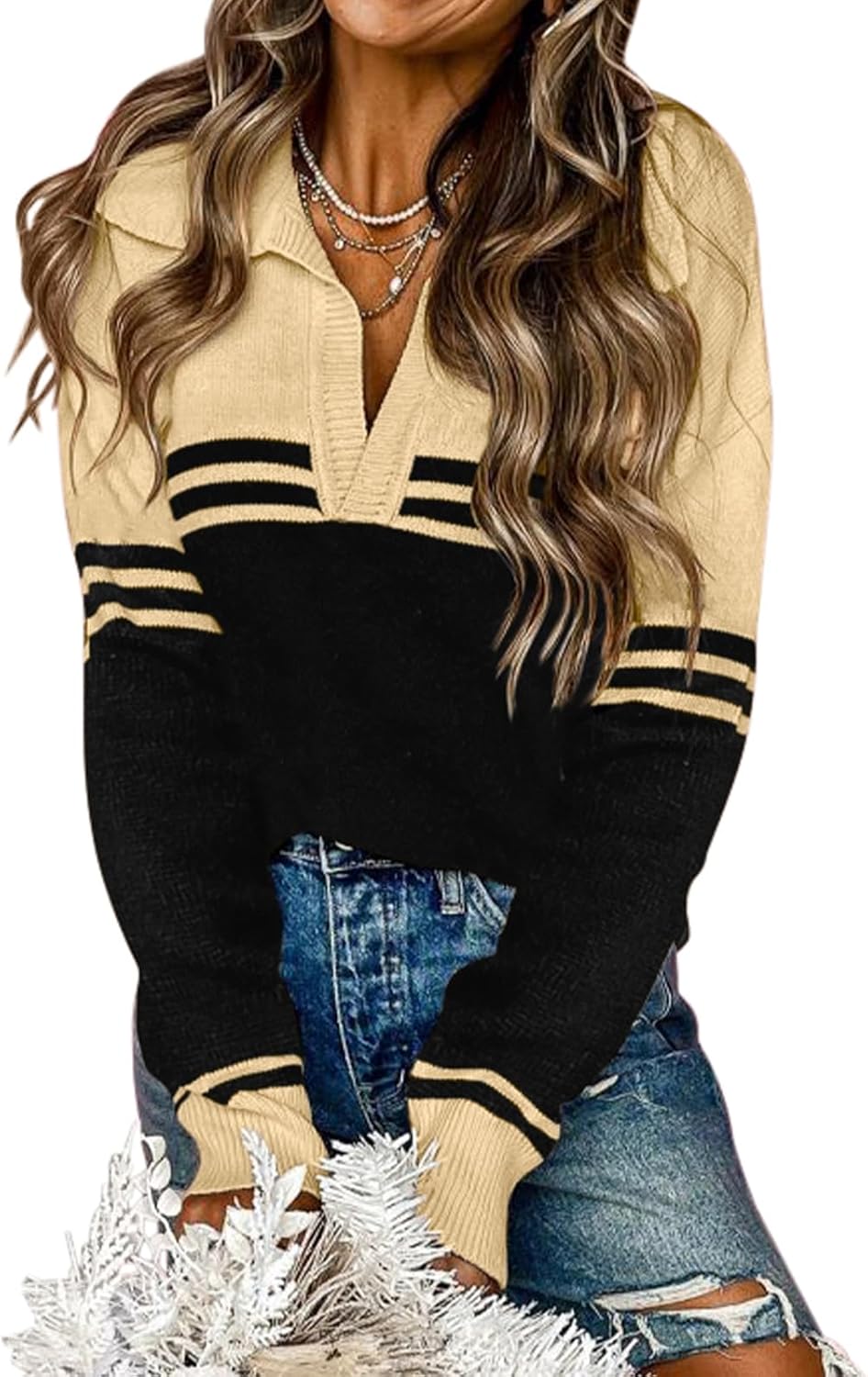 Womens Long Sleeve V Neck Pullover Sweaters Casual Striped Knitted Sweater Jumper Tops - Image 3