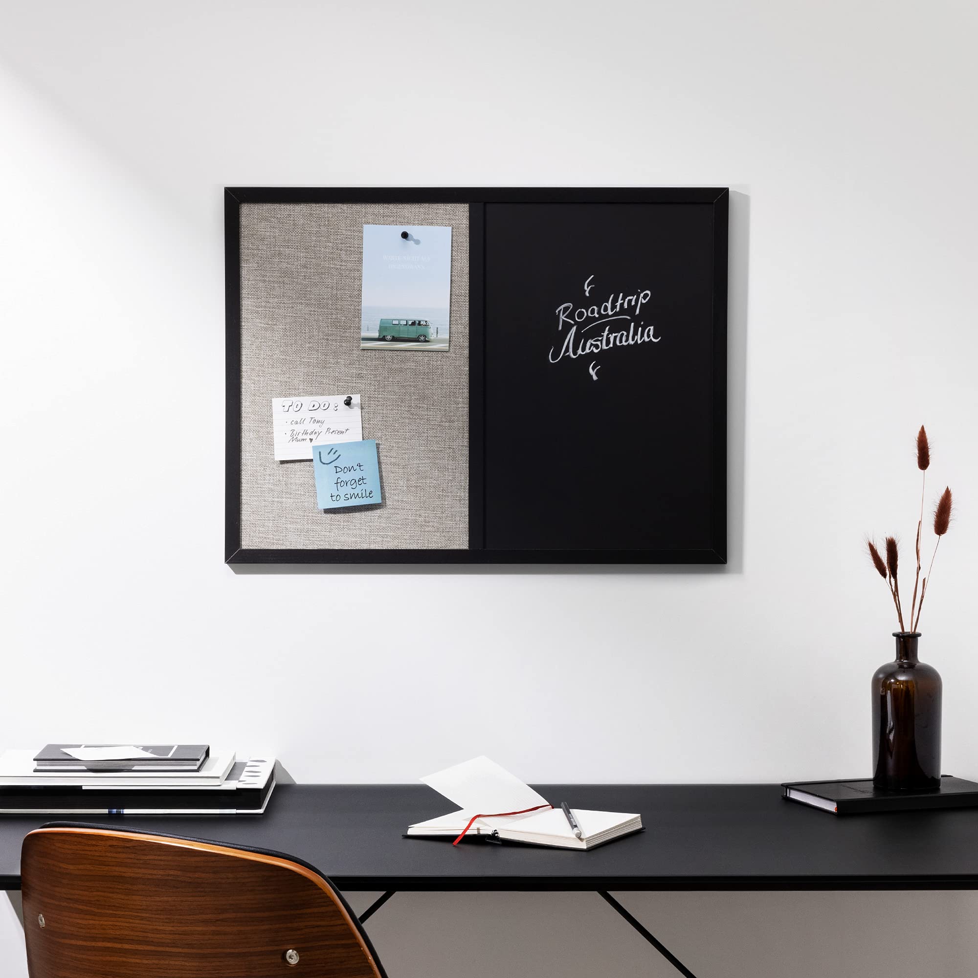 Navaris Lavagnetta Combinata Ardesia e Tessuto Punta-Spilli - Lavagna Magnetica Nera e Bacheca 60 x 45 cm - Memo Board con Gessi Magneti e Puntine