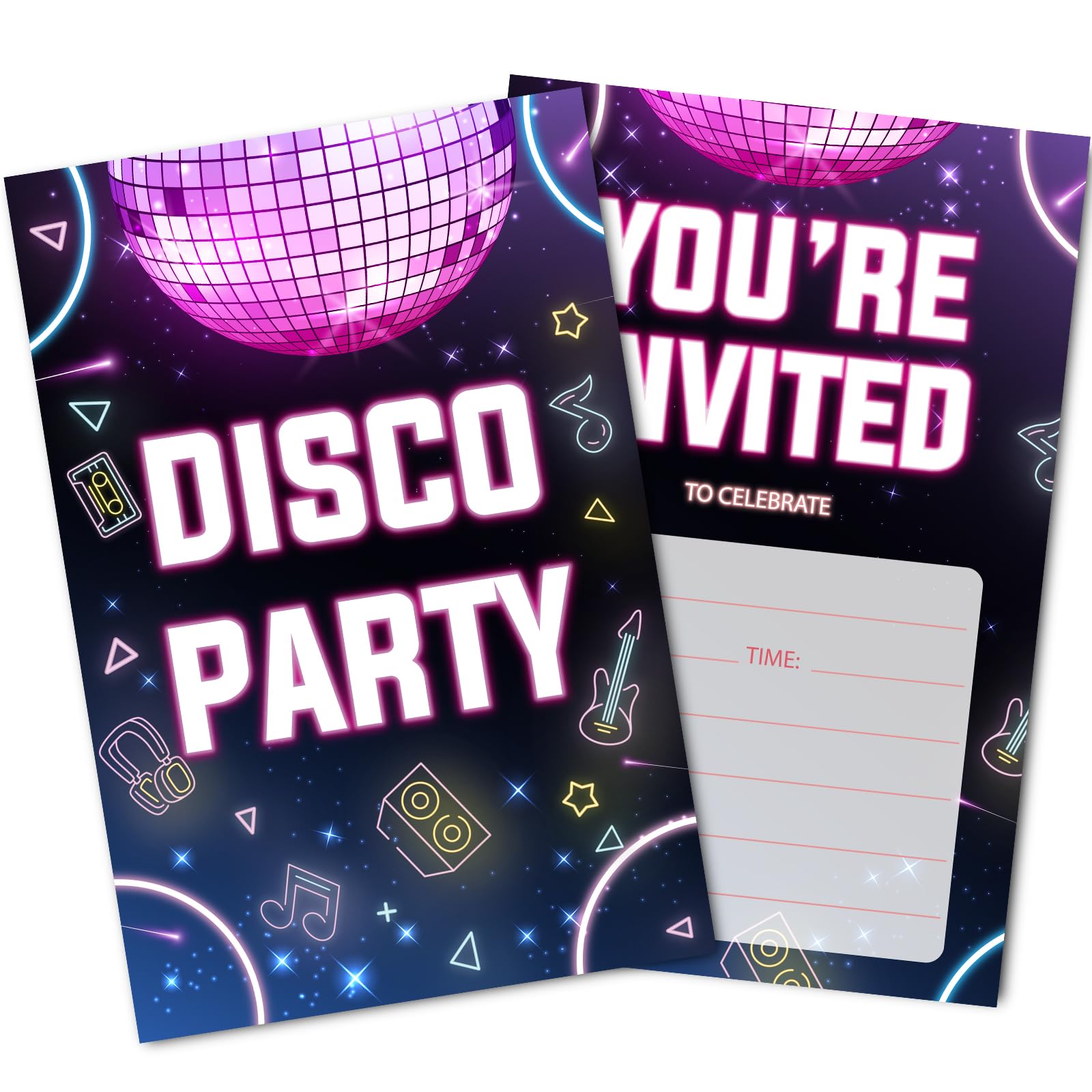 Disco Birthday Party Invitations, Retro Neon Theme Party Invites With Envelopes (30PACK), Invite Cards for Girls Women Teens Boys