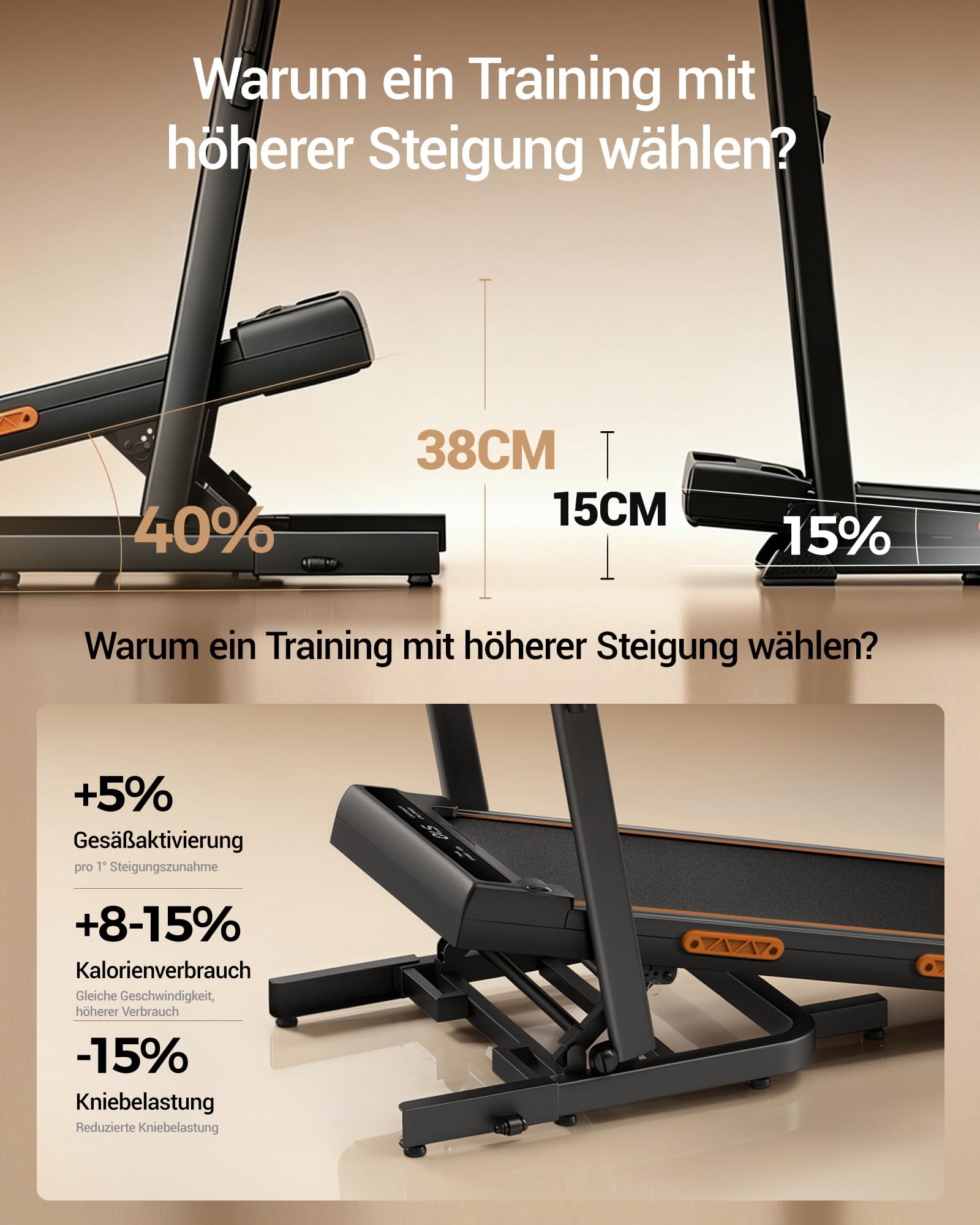 UMAY Walking Pad Laufband mit Steigung 40%, Laufband für Zuhause Klappbar | 130 cm Extra Lange Handläufe für Mehr Stabilität, Platzsparendes 15 cm Design, Leiser Betrieb, Ideal für Home Office