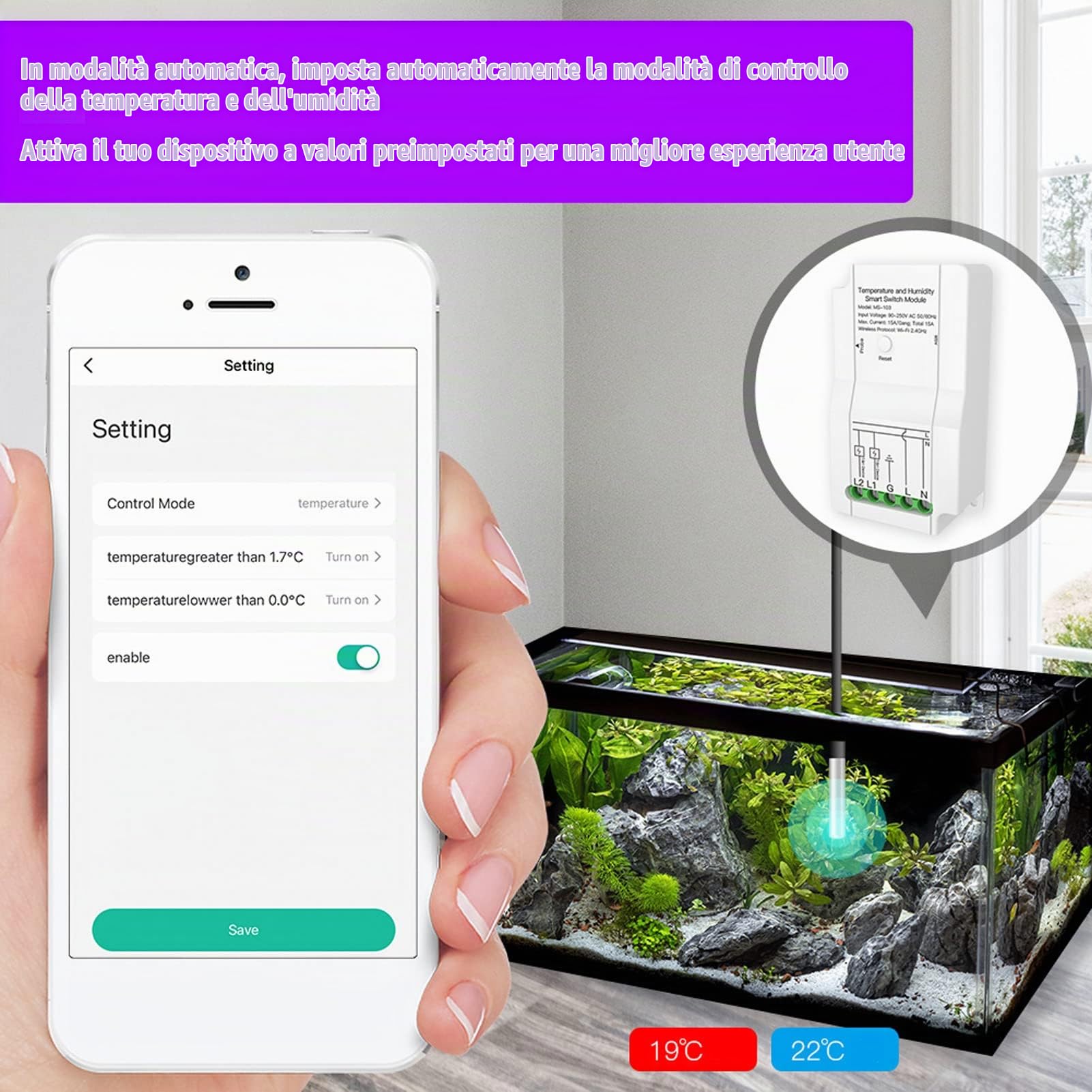 Interruttore Temperatura WiFi, Controllo Termostato Intelligente con Sonda Termica, Doppia Uscita Relè 90-250V per Terrario Umidificatore (Senza sonda di umidità)