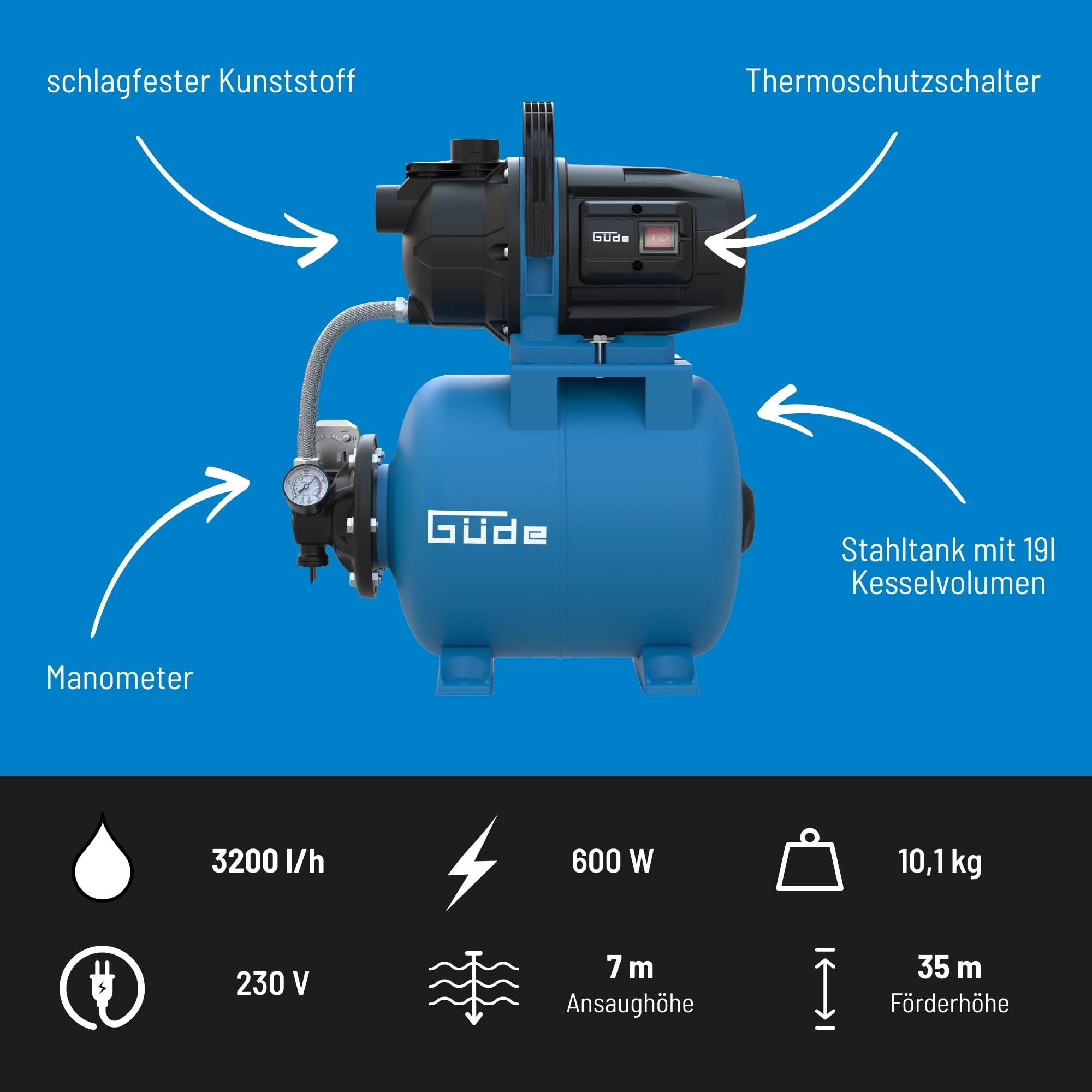Güde Acqua domestica HWW 6035 (600 W, capacità caldaia: 19 l, portata 3200 l/h, altezza di consegna: max. 35 m, altezza di aspirazione: max. 7 m, ruota in noryl, serbatoio in acciaio, interruttore a