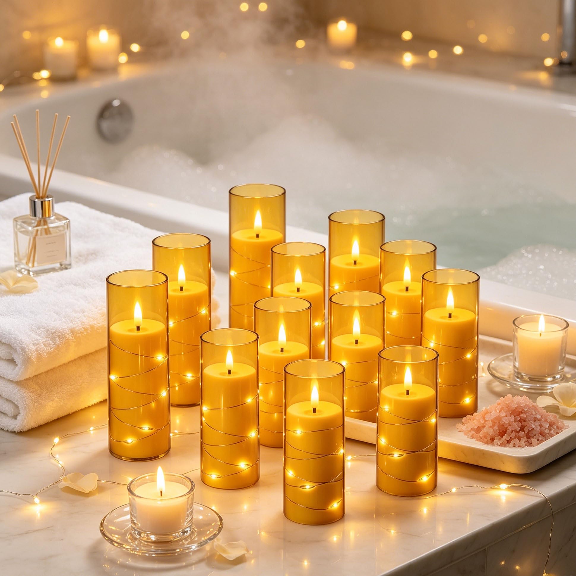 12 Bougies LED Champagne Transparentes, Guirlande Lumineuse, Flamme Scintillante Réaliste, Télécommande, Réutilisables pour Déco Intérieure et Festive