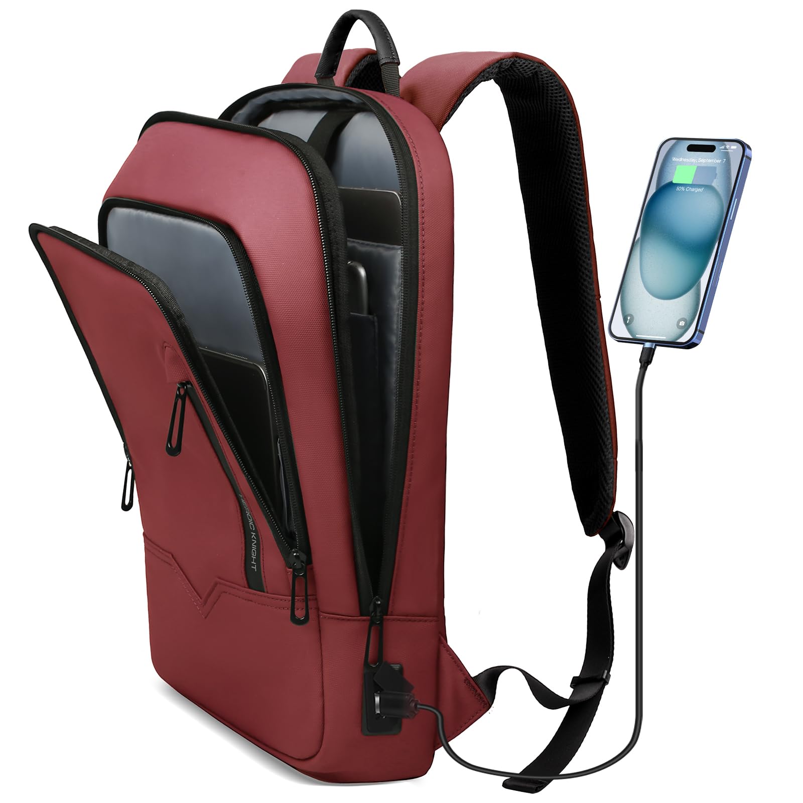 hk Backpack for Men Business Slim Backpack with USB Charger Computer Lightweight Anti-theft Travel (Red, 15.6 Inch)