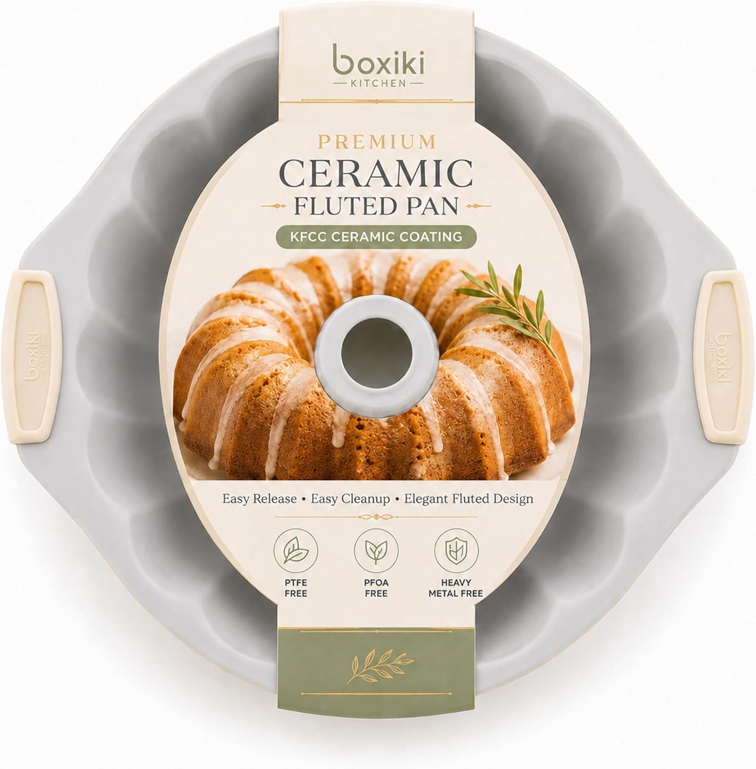 Boxiki Kitchen Ceramic Fluted Cake Pan, 12 x 10 x 3 Inches Nonstick Pound Cake Pan, Heavy Duty 0.6mm Aluminized Steel, KFCC Korean Ceramic Coating, Oven Safe to 550°F, PFAS-Free, Large Tube Cake Mold