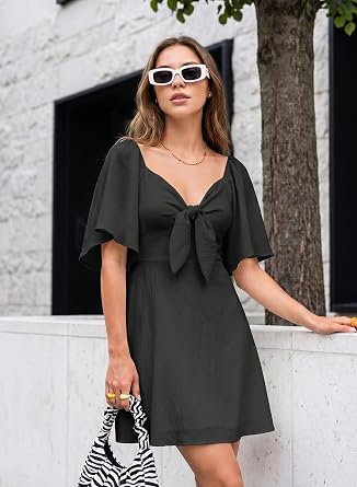 Dokotoo Womens Dresses 2026 Deep V Neck Elegant Bow tie Mini Dress S-XL