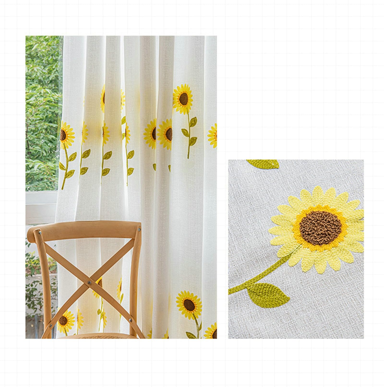 Epinki Voilage Tournesol Blanc en Polyester 107 x 132 cm Rideau pour Chambre à Oeillets, 2 Panneaux