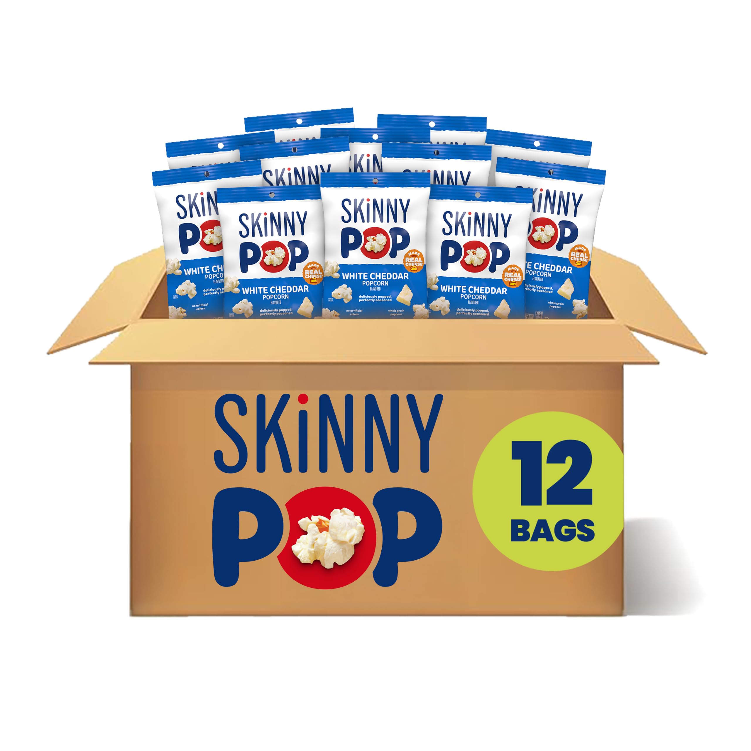 SkinnyPop White Cheddar Popcorn, Whole Grain Gluten-Free Snacks, 1 oz Bags (12 Count)