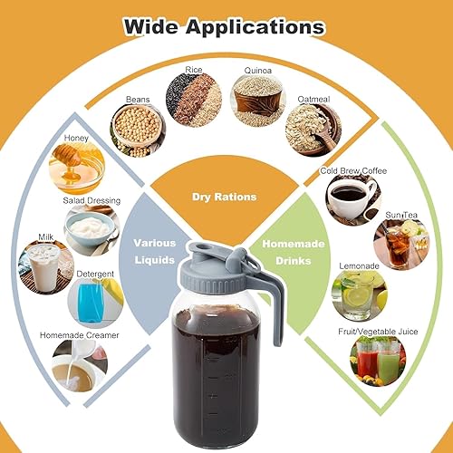 Miniatura 5 de Jarra de vidrio con tapa, 2 cuartos (64 onzas), jarra de agua de boca ancha, frasco hermético y a prueba de fugas, recipiente de vidrio resistente