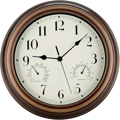 Rsobl 12 Inch Indoor Outdoor Wall Clock Waterproof with Temperature and Humidity Combo,Battery Operated Non Ticking Silent Clock Wall Decorative