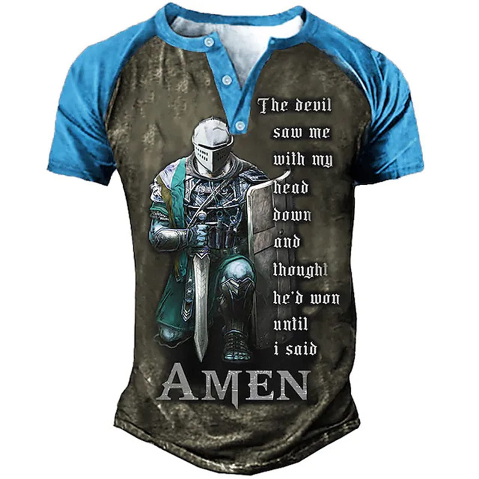 Keephen Men's # 2 Knight Templar T Shirts 3D Printed Short Sleeve Distressed Henley Shirt Vintage Outdoor Sports Tactical Henley T Shirt
