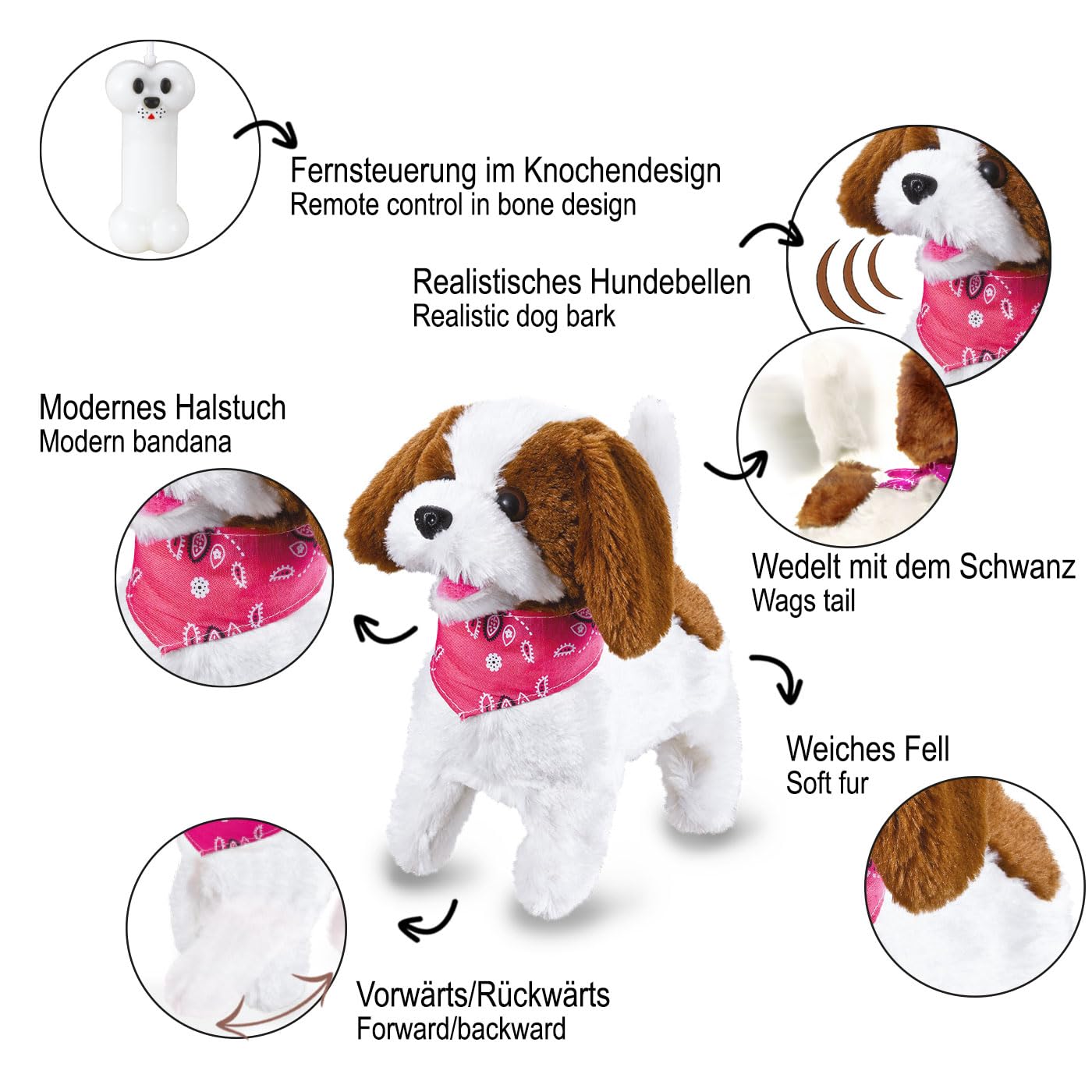 JAMARA -Lucky RC Plüschhund 27MHz- Weiches Fell, bewegt die Schnauze und Kopf, wedelt mit dem Schwanz, realistisches Hundebellen, Weiß-Braun