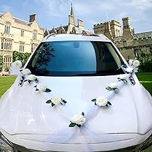 Décoration de Voiture de Mariage Blanche, Kit Complet avec 2 Bandes de Tulle (160 cm) et 11 Fleurs Artificielles avec Ventouses – Nœuds Élégants pour Auto Cérémonie Fête Mariage