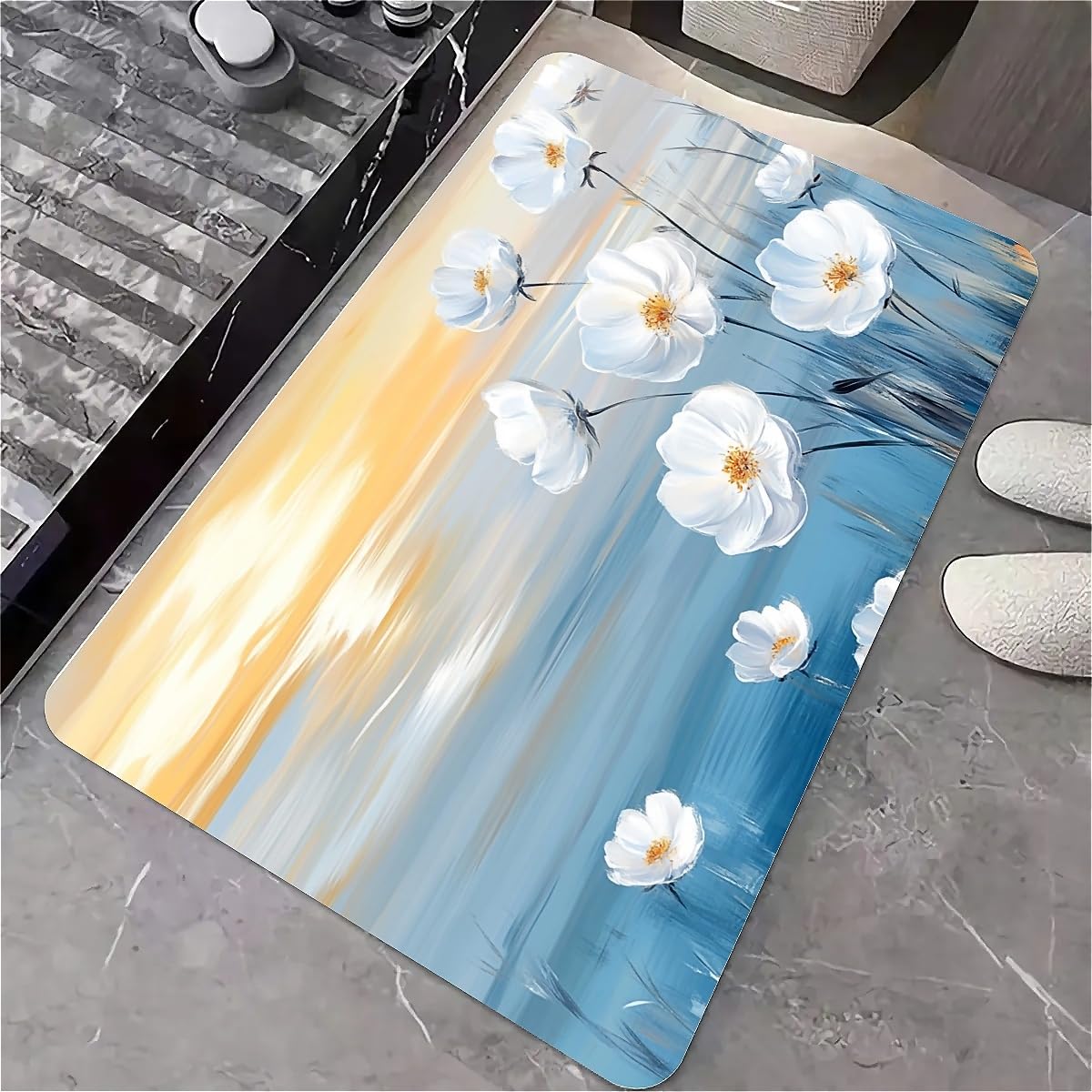 Tapis de bain antidérapant pierre diatomite absorbant fleurs