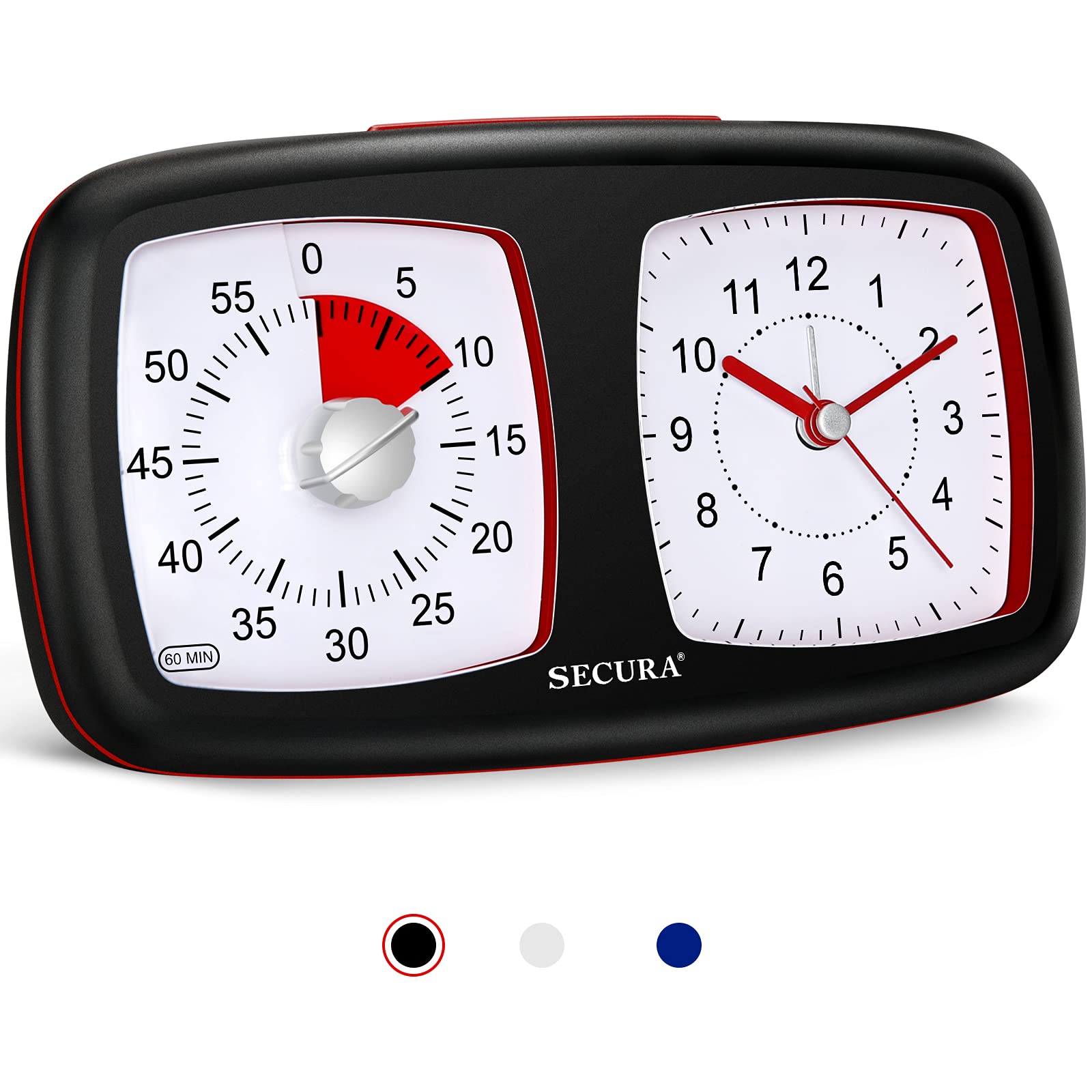 Secura 2 in 1 Visual Timer/Alarm Clock, 60-Minute Silent Study Timer & Table Clock, Time Management Countdown Tool for Kids, Adults, and Teachers (Black)