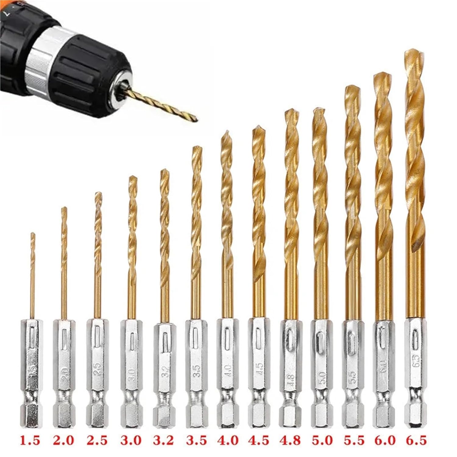 Twist Drill Bits,Metal Bit,Hexagonal Handle 13pc Titanium Plated 1.5-6.5mm Electric Driver Drilling Air Screwdriver Tool Accessory