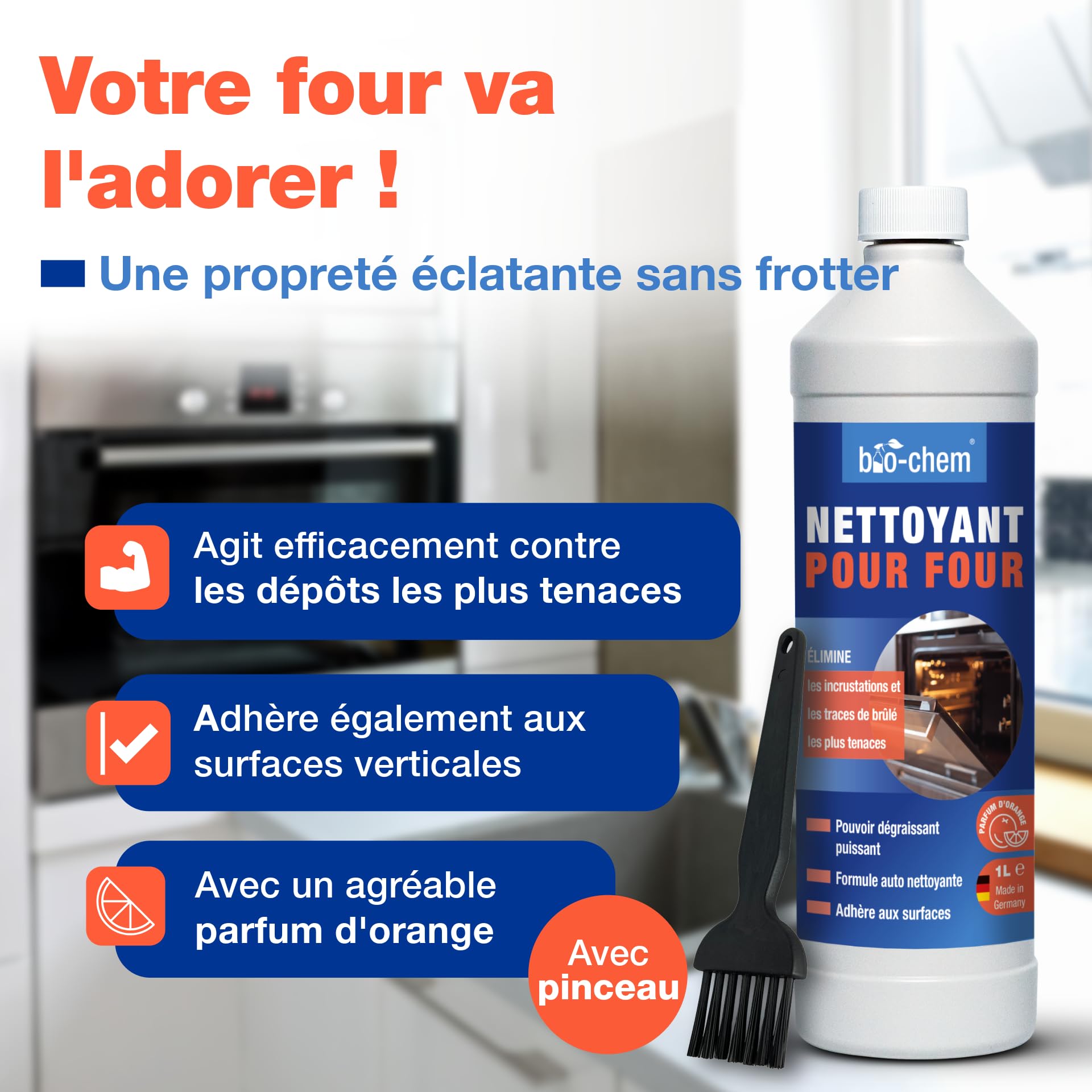 bio-chem Nettoyant four 1L + accessoires | Avec éponge, chiffon microfibres et pinceau - Dégraissant auto-nettoyant pour four, cuisine, barbecue