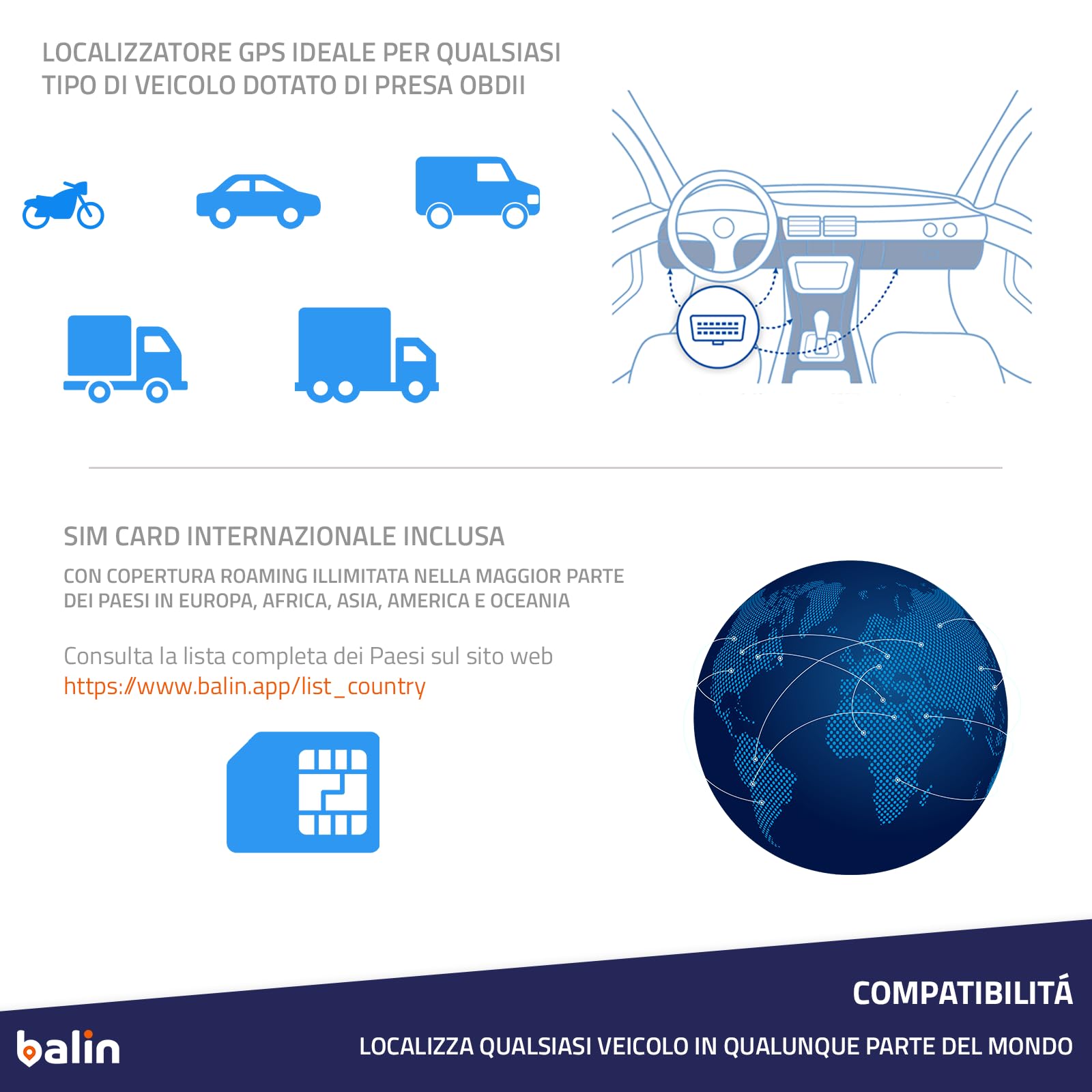 Balin.app - New Localizzatore GPS 4G professionale per veicoli, con SIM card e traffico dati, tutto incluso. Dispositivo già configurato e pronto all'uso. Controlla i veicoli da Portale Web e App.