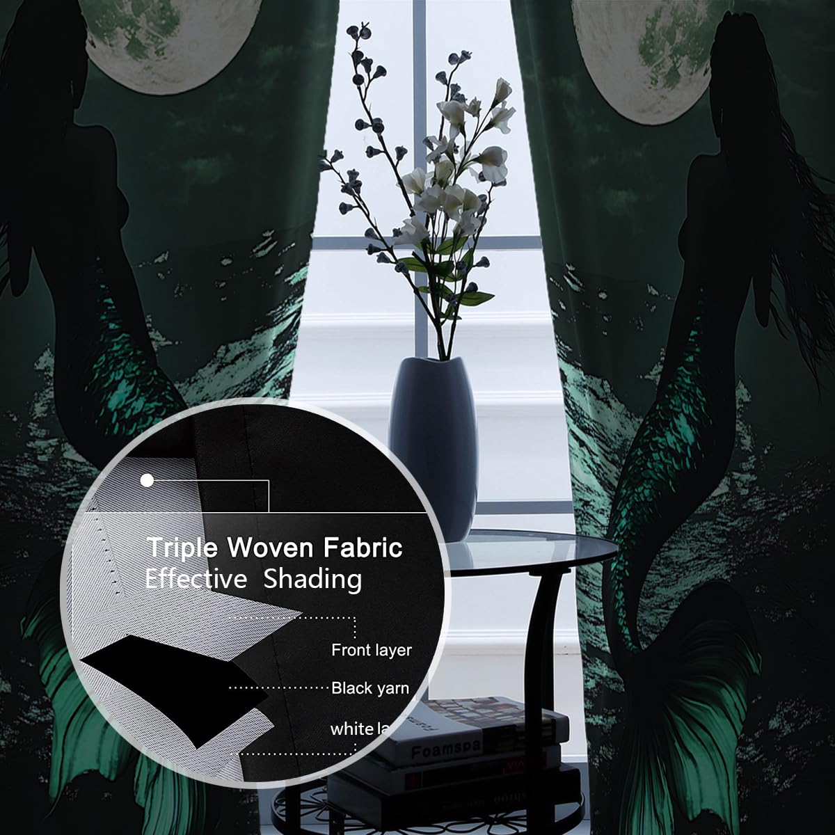 Estetyczny design zasłony okienne Night Ocean wzór syrenki, izolujące ciepło, zasłony zaciemniające do drzwi przesuwnych na taras, 2 panele, szer. 117 x wys. 137 cm