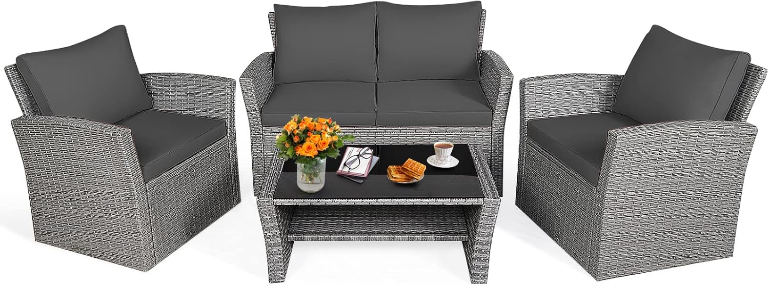 Tangkula 4 Pieces Patio Furniture Set, All Weather Outdoor Sectional Rattan Sofa Set with