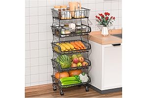 5 Tier Stackable Metal Wire Fruit Vegetable Basket with Rolling Wheels