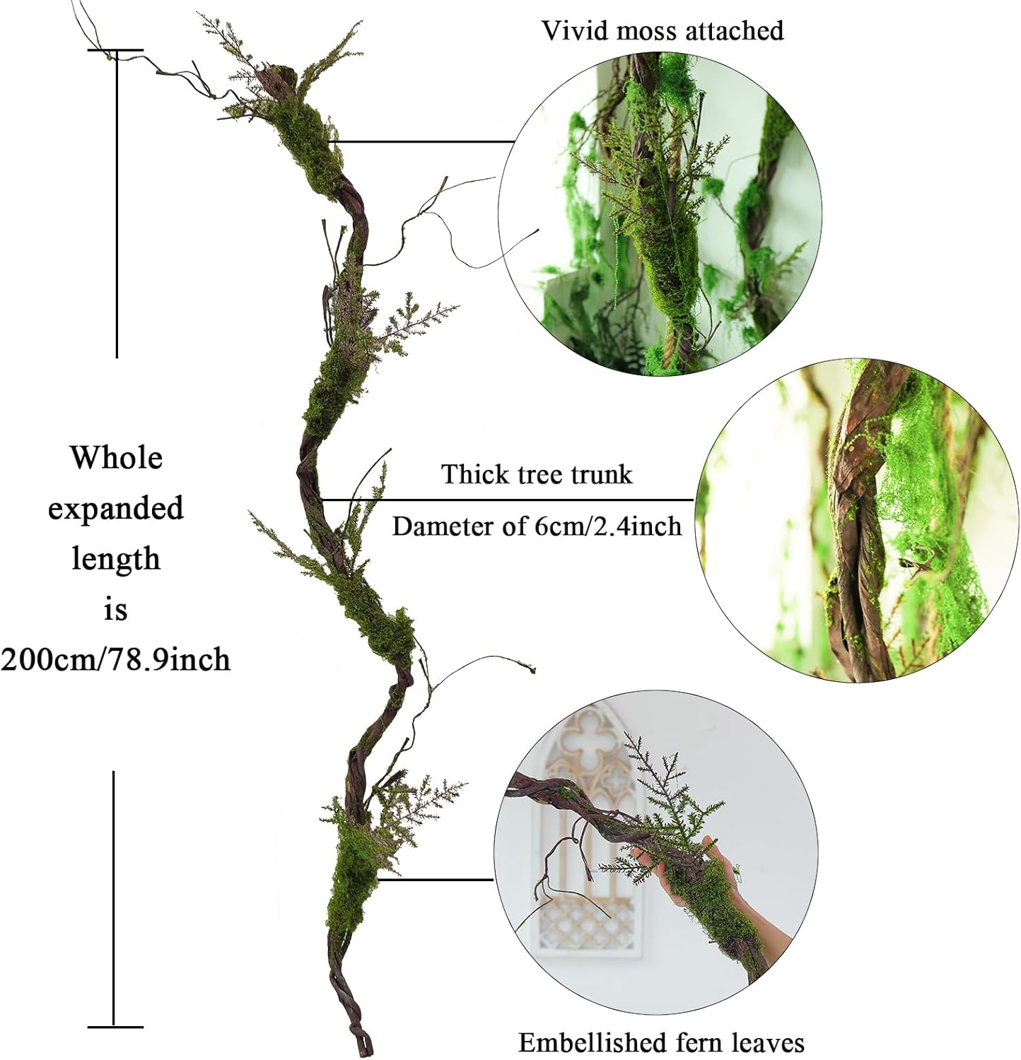1Pcs 78.9inch Large Bendable Artificial Tree Branches Moss Sturdy Hanging Plants Leaves Grape Vines Thick Tree Trunk Twigs Greenery Stems Cherry Blossom Garland for Halloween Outdoor Forest Decor - Image 5