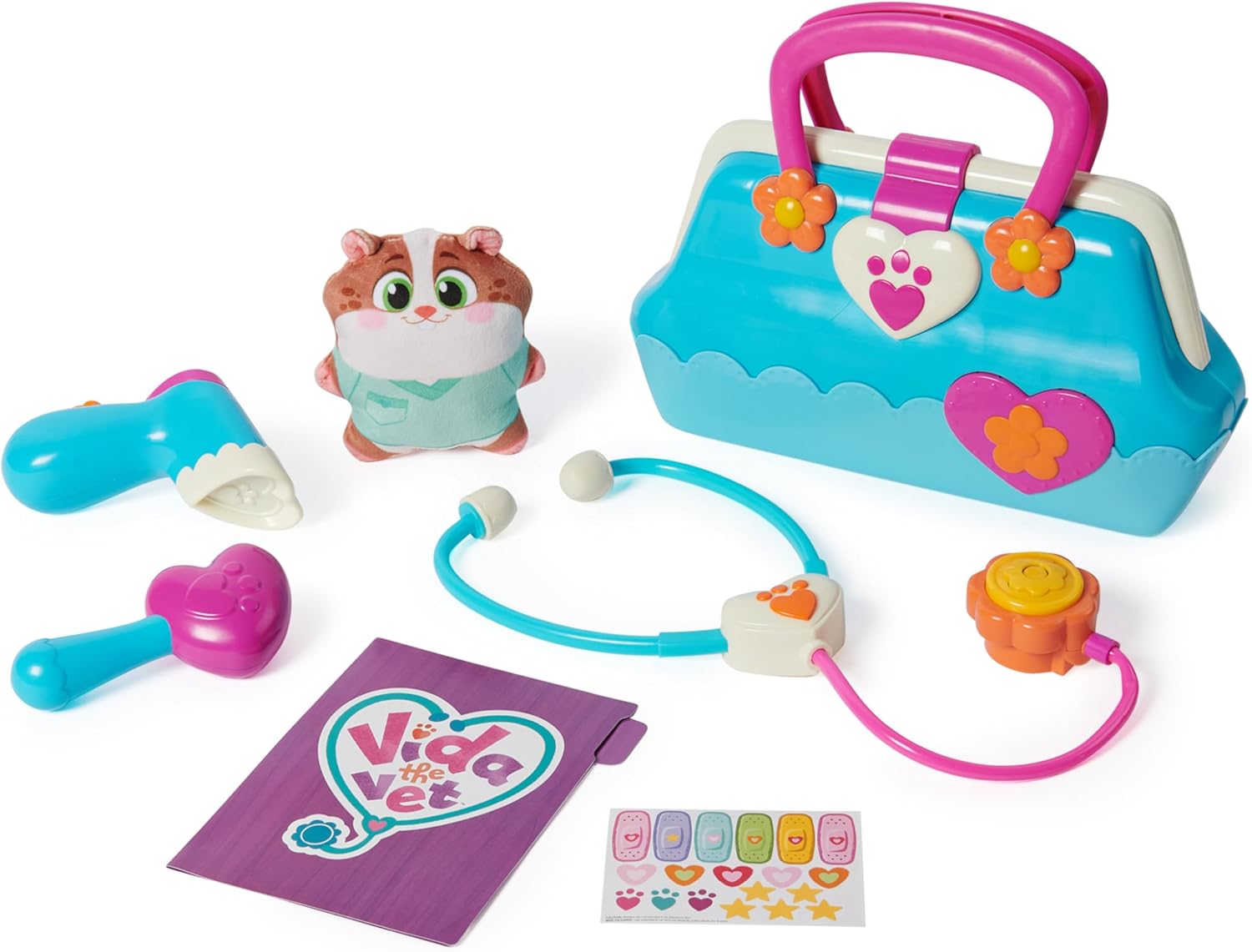 Vida the Vet Briefcase 5 Vet Kit Accessories, 1 Popcorn Plush Doll and Stickers for Pretend Play Dress Up Toys Girls Ages 3+, Multicolor (Spin Master 6069852)