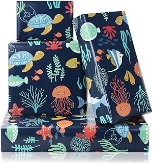 Ocean Themed Birthday Wrapping Paper For Kids Girls Boys, Under the Water Animal Coastal Design Gift Wrap Paper for Birthday Baby Shower Children's Day, 4 Sheets Folded Flat 20x28 Inches Per Sheet