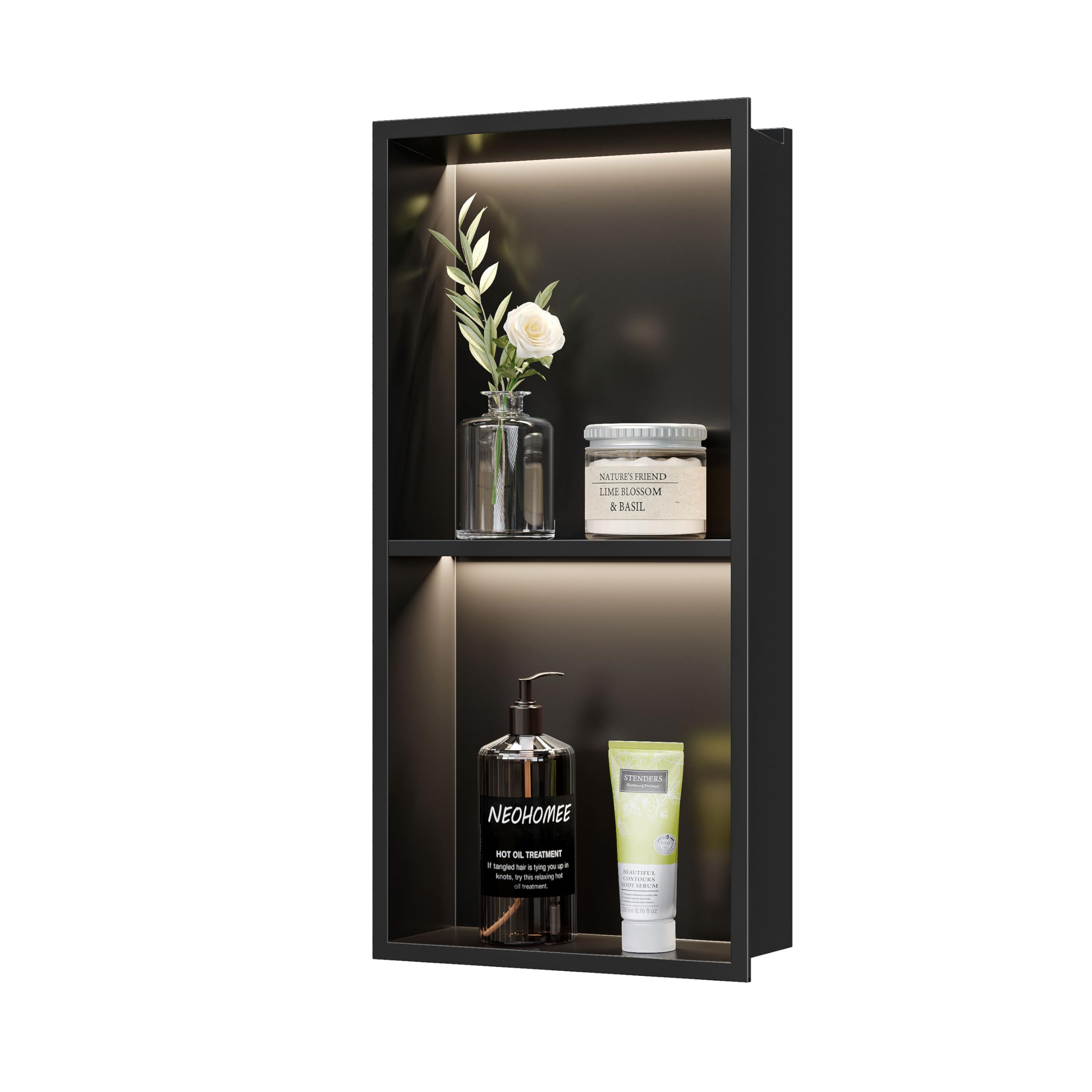 Wandnische Dusche Edelstahl mit LED-Beleuchtung, Duschnische Schwarz mit Regal Lagerung für Badezimmer, 60 x 30 cm, IP68 Wasserdicht