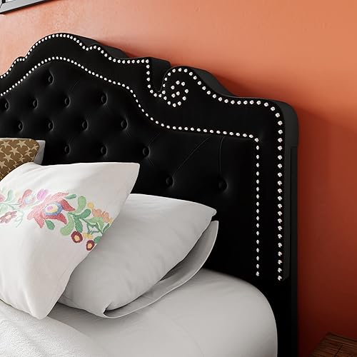 Miniatura 4 de SHA CERLIN Marco de cama Platfrom tamaño matrimonial con cabecera ajustable tapizado de tela botón de diamante y tachuelas de metal no necesita