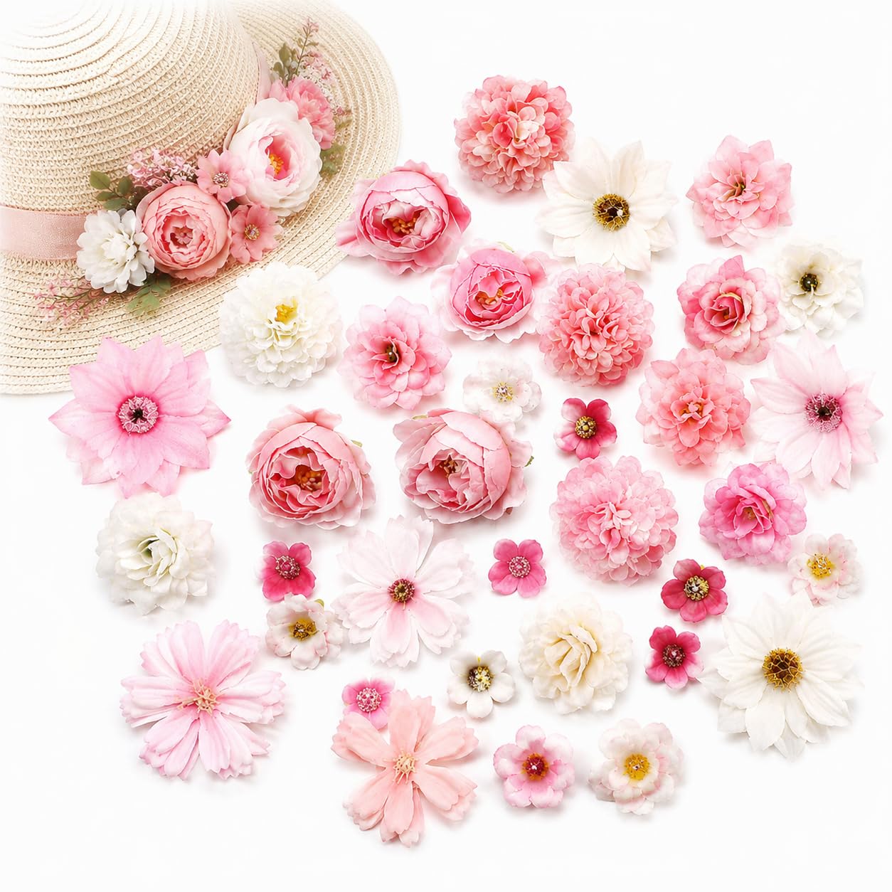 50PCS Mini Silk Artificial Flower Heads - Dual Colour Faux Roses Peonies and Daisies for Cake Decorations, DIY Crafts, Wedding Home Decor, Hair Accessories and Bridal Bouquet Making (White and Pink)