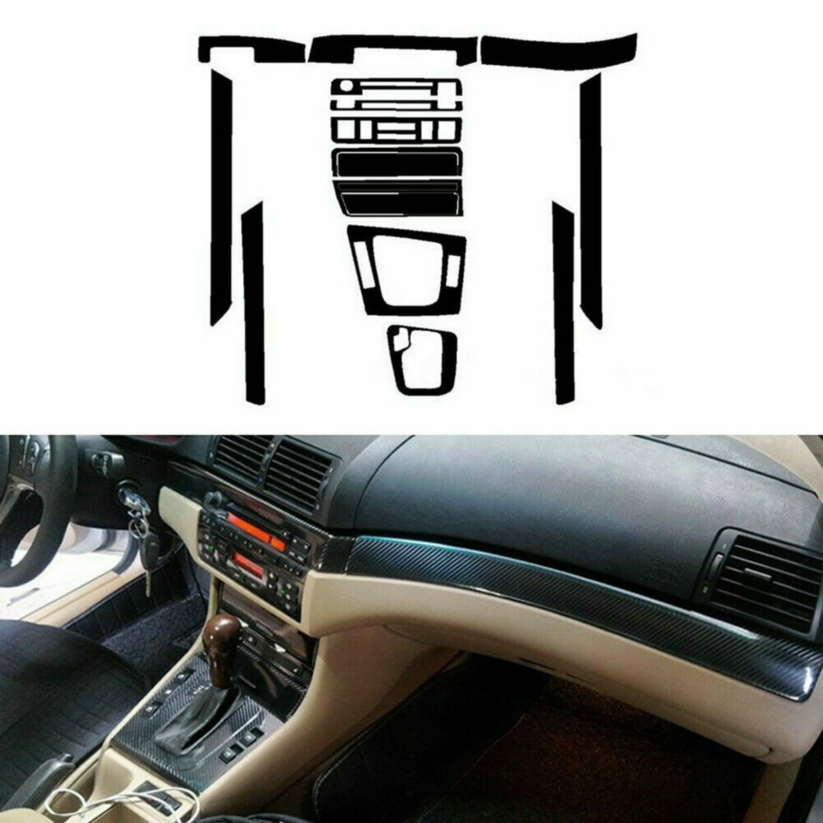 NexRen Adhesivo de fibra de carbono 5D para BMW Serie 3 E46 1998-2005, para interior de coche, acabado brillante de fibra de carbono, interior para salpicadero