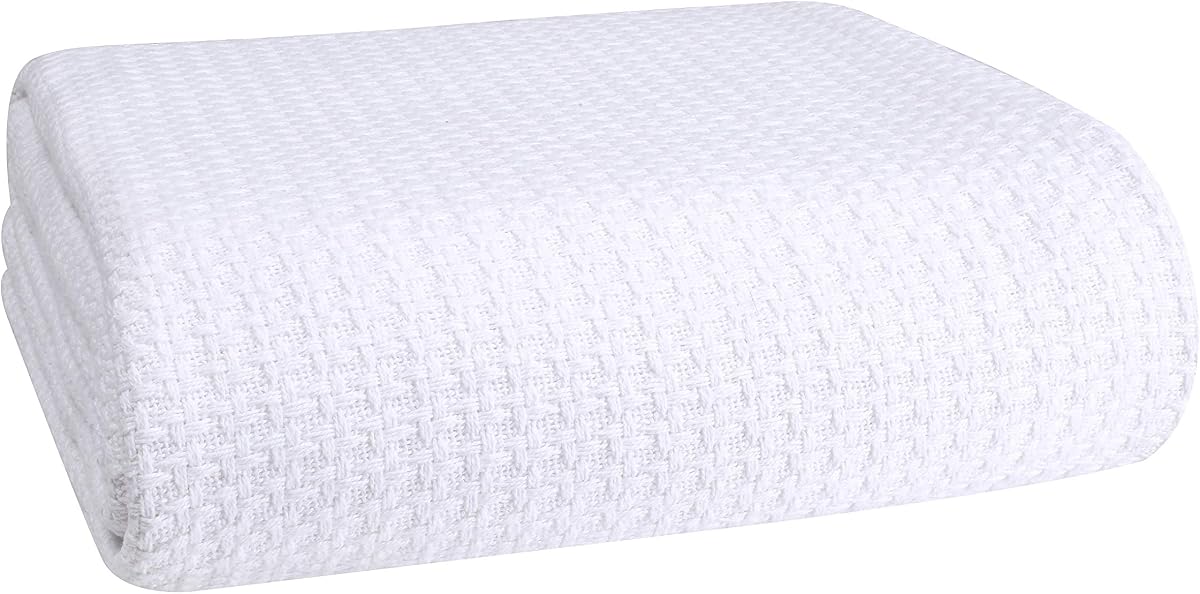 100% Cotton Bed Blanket, Breathable Bed Blanket Full Queen Size, Cotton Thermal Blankets Full Queen, Perfect for Layering Any Bed for All Season, White