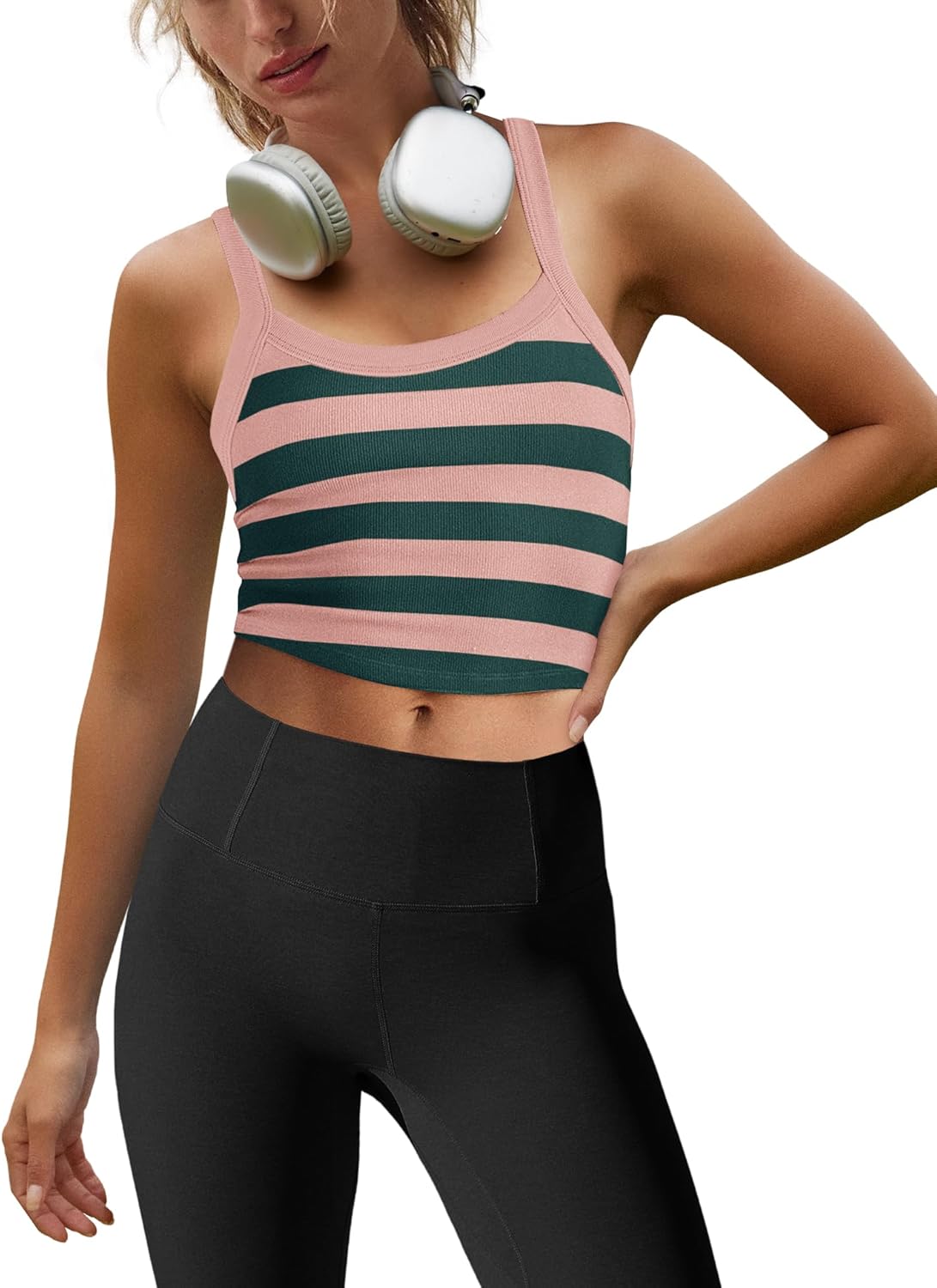 LAMISSCHE Womens Cropped Tank Tops Workout Sleeveless Striped Camisole Spaghetti Strap Athletic Gym Yoga Camis Top