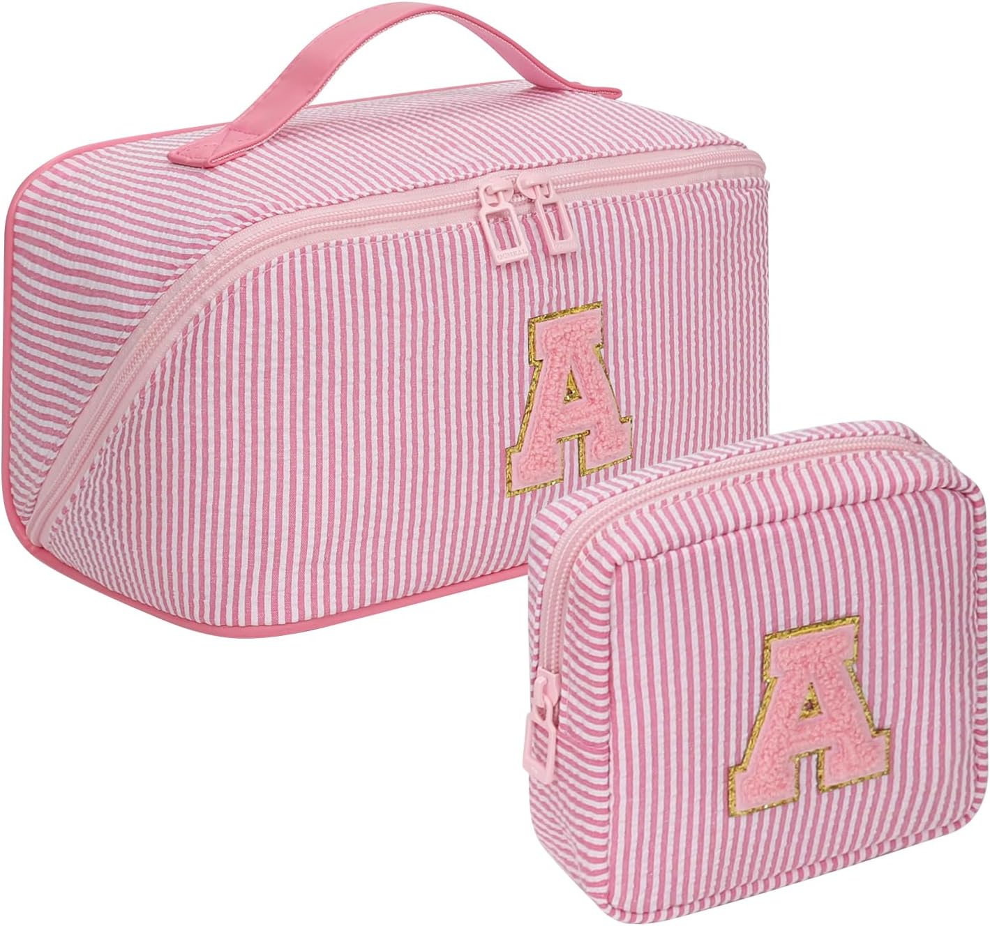 Easter Basket Gifts for Girls Women - Travel Makeup Bag for Women, 2Pcs Portable Personalized Initial Makeup Organizer Bag, Open Flat Large Cosmetic Bag With Travel Essential Pouch (Pink Letter A) - Image 9