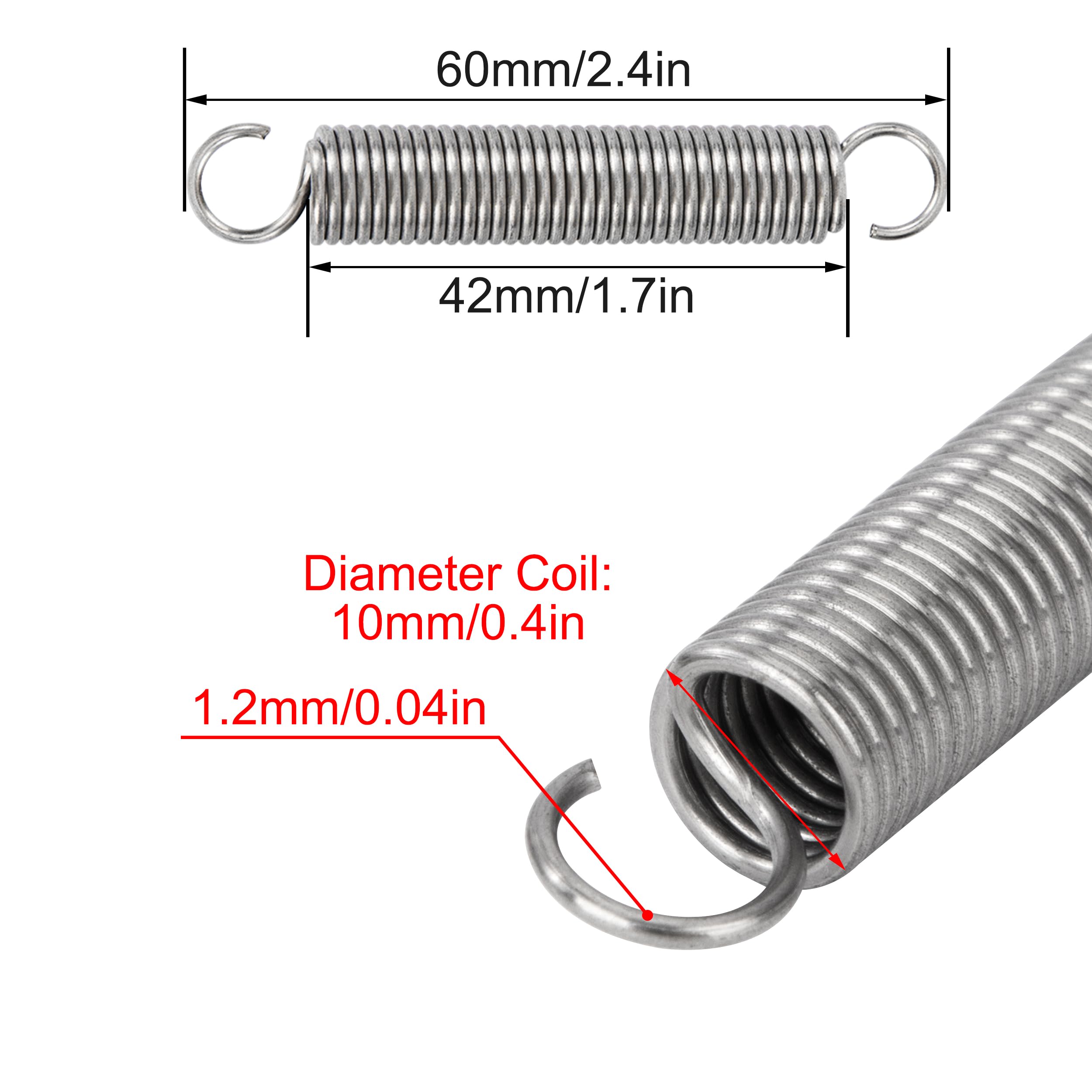 Sprężyny przedłużające 60 mm Sprężyny naciągowe z hakiem Sprężyna ze stali nierdzewnej Średnica zewnętrzna 10 mm Drut 1,2 mm Siła Sprężyna 3,16 kg 10 sztuk