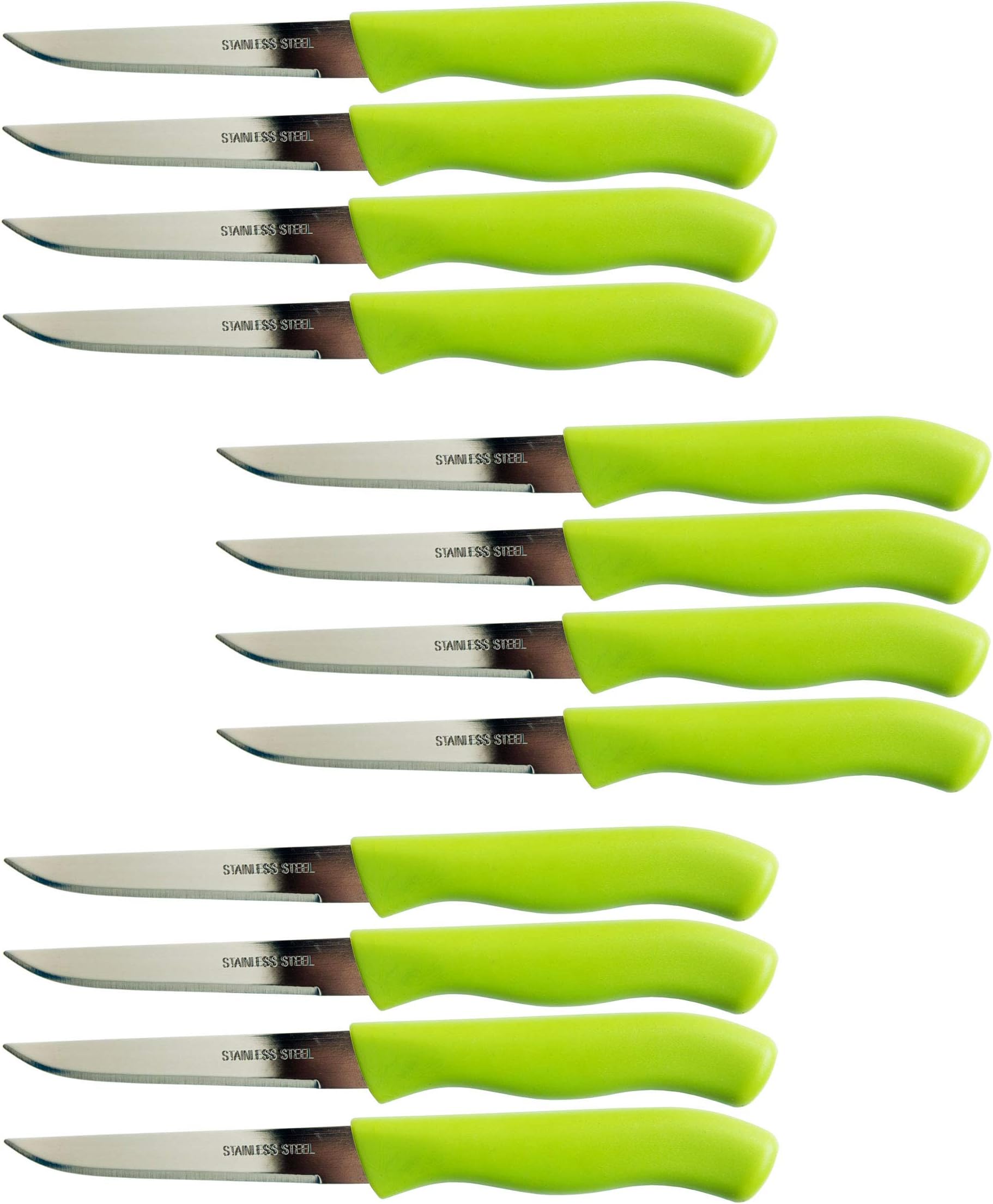 Brenium Paring and Garnishing Knife, Set of 12 Knives with Straight Edge 3 Inch Blade, Stainless Steel, Spear Point, Fruit & Vegetable, Green