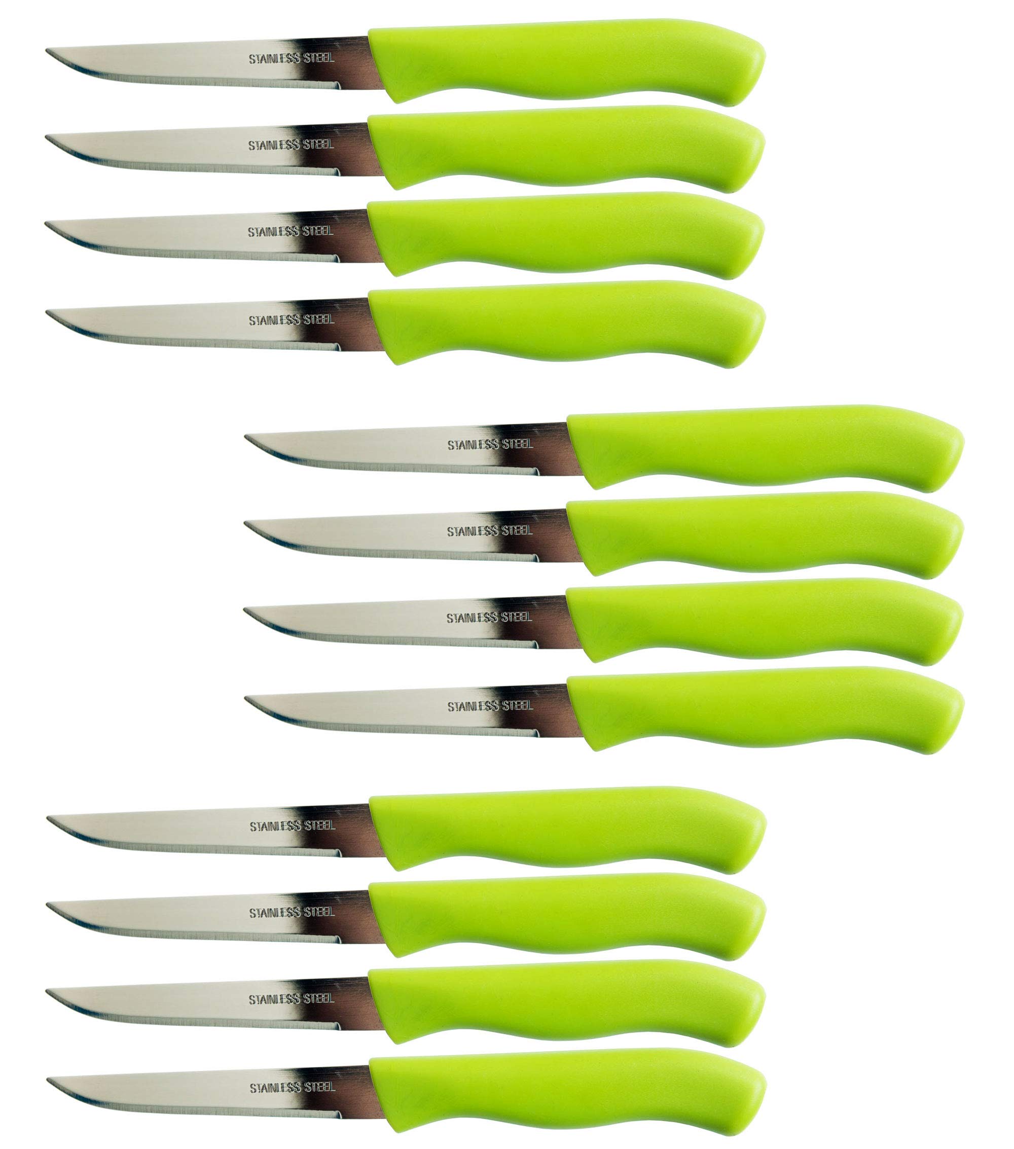 Brenium Paring and Garnishing Knife, Set of 12 Knives with Straight Edge 3 Inch Blade, Stainless Steel, Spear Point, Fruit & Vegetable, Green