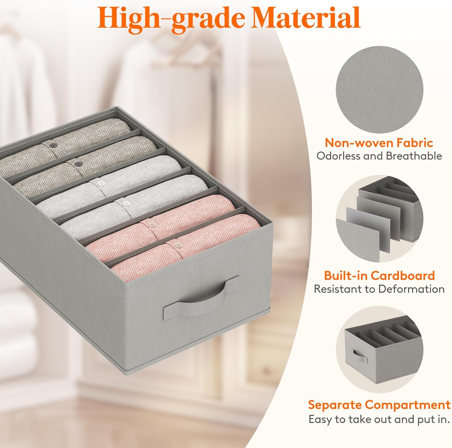 Lifewit 6 Pack Clothes Organizer, 6 Grids Closet Jean Storage Bins with Handles and Support Boards, Foldable Drawer Organizer for Sweater, Pants, T-shirt, Dress, Grey, 42 x 27 x 17 cm/16x10x7''