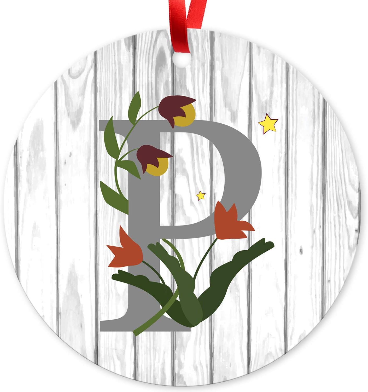 Letter P Monogrammed Metal Christmas Tree Holiday Ornament, Velvet Pouch Included, Large 3.75" Round Metal Ornament